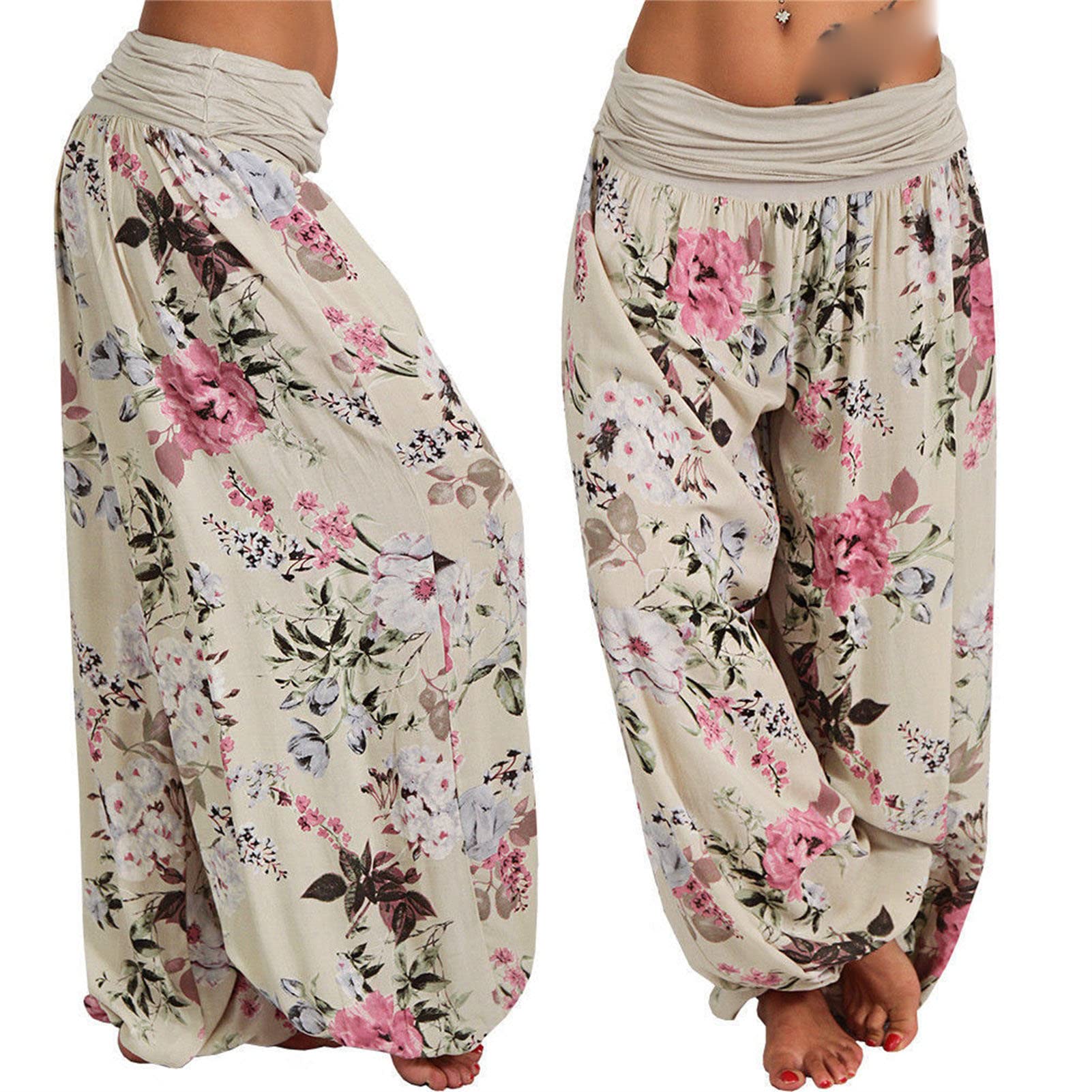Women's Boho Hippie Harem Pants Floral Loose Wide Leg Summer Beach Pants Printed Flowy Baggy Casual Trousers (Light Yellow,Medium)
