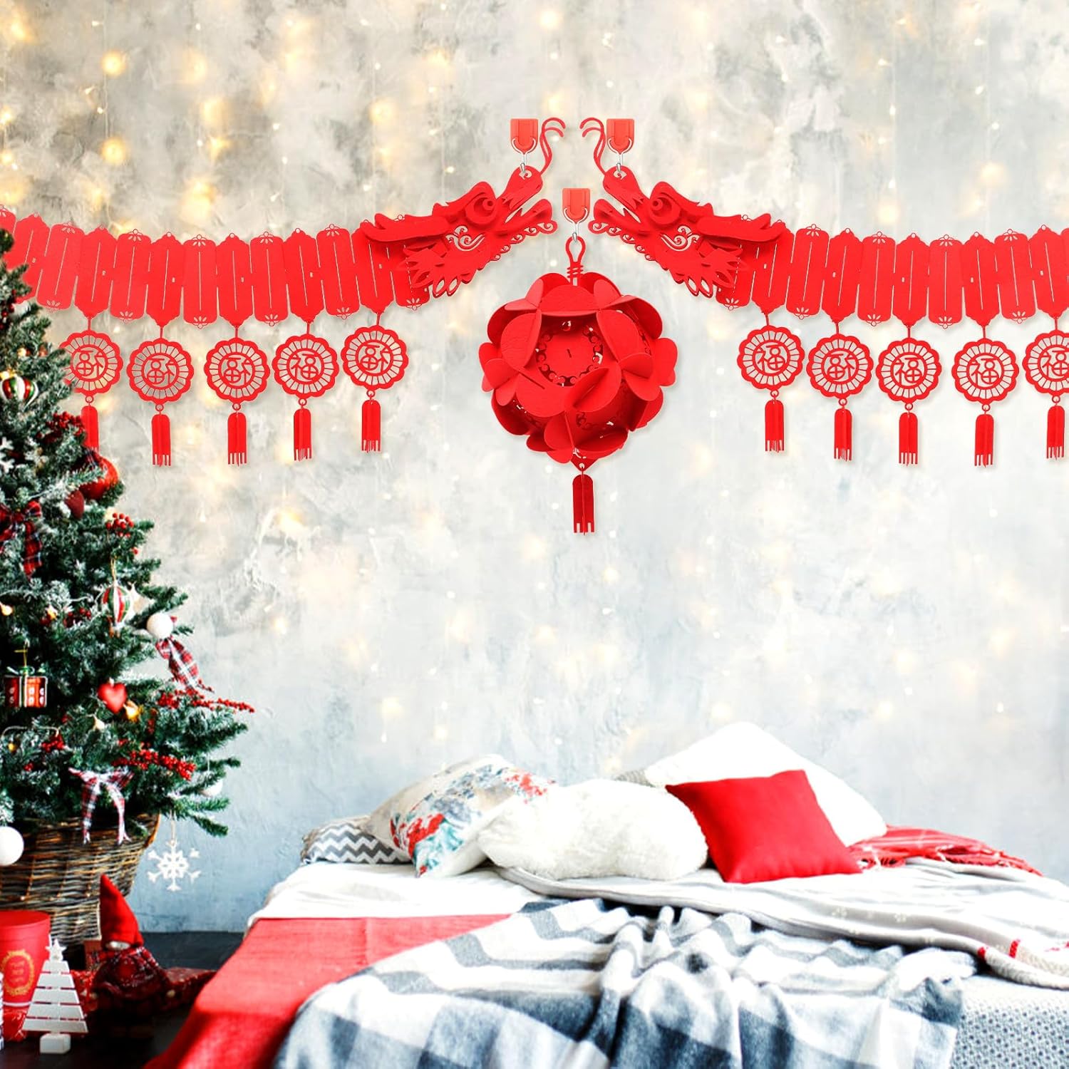 Chinese New Year Decorative Fabric Dragon Pendant Set, 3pcs Spring Festival Hanging Ornaments with Fu Tassel and Embroidered Bead for Home and Party Celebration