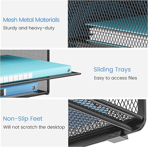Miniatura 7 de Lavatino Organizador de escritorio, malla metálica con 2 bandejas de papel para cartas, 7 divisores flexibles, 2 soportes verticales para archivos