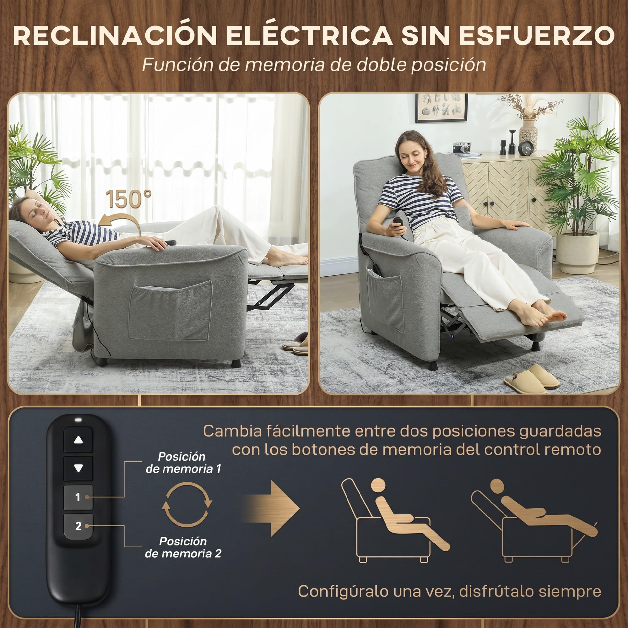 HOMCOM Sillón Relax Reclinable Eléctrico, con Calor Lumbar y Masaje Vibración, Sillón Masaje Relax, Motor Silencioso, Función de Memoria, Bolsillos Laterales, Almohada, Control Remoto con USB, Gris