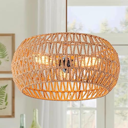 Miniatura 9 de Lámpara de ratán para comedor, lámpara colgante estilo bohemio, lámpara colgante para montaje en techo, pantalla tejida a mano, lámpara de 3 luces,