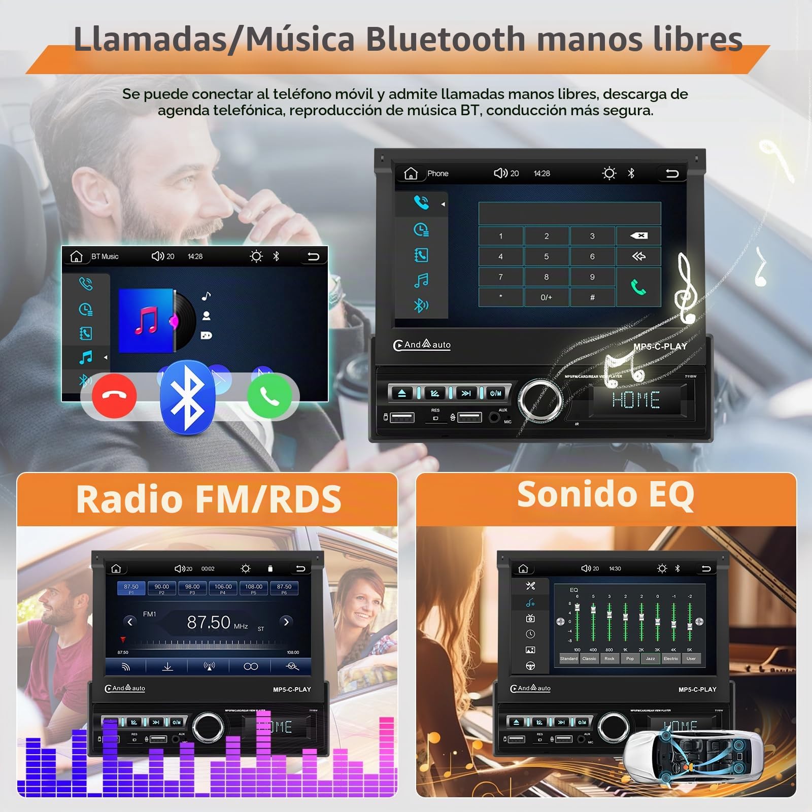 Radio Coche 1Din con Carplay inalámbrico Android Auto Pantalla Extensible Manual de 7'' Pantalla táctil Radio de Coche 1din con Bluetooth/FM/RDS Radio/SWC/EQ/2 USB/Mirror Link + Cámara Trasera