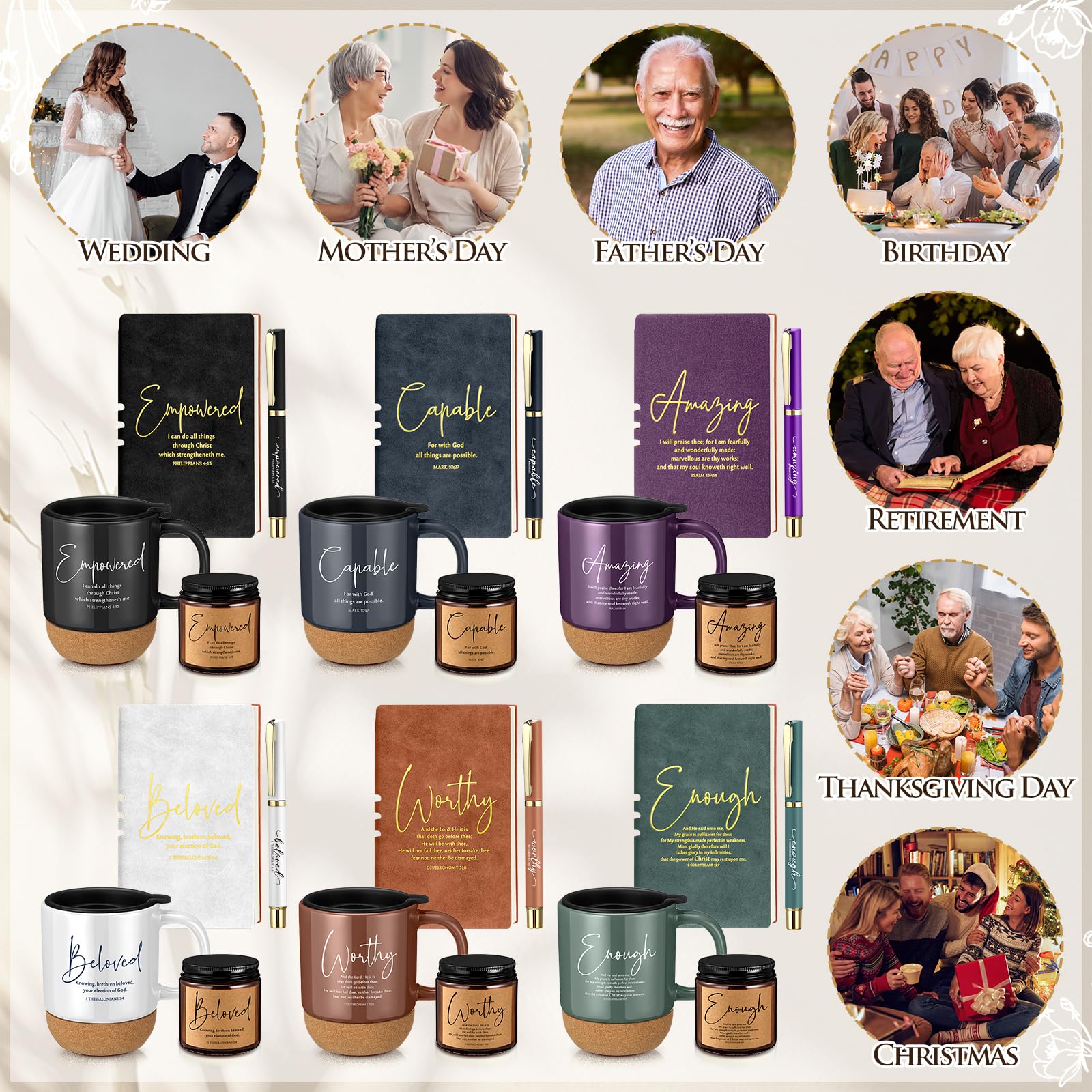 FillTouch 6-teiliges Set christliche Geschenke, 425 ml, Keramik-Bibelversen, Kaffeetasse, A6, Leder-Tagebuch mit Stift und Duftkerze, inspirierendes, religiöses Geschenk für Frauen, Männer