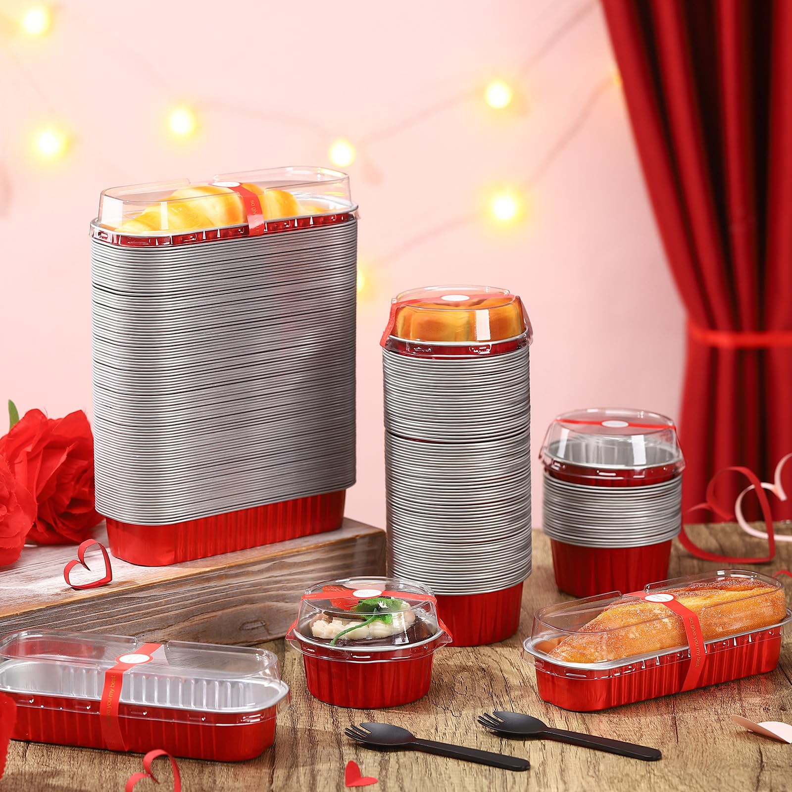 Suclain Mini-Kastenformen mit Deckel, 100 Stück, Aluminiumfolie, rechteckige Backformen, 100 Stück, 142 ml, Einweg-Backförmchen, Cupcake-Förmchen, 200 Stück, Versiegelungsaufkleber,