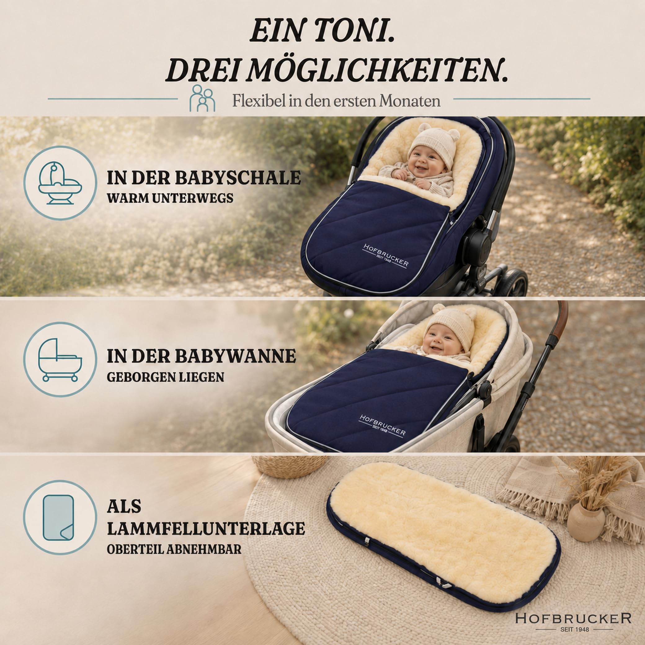 Hofbrucker® Sacco nanna per passeggino di alta qualità, per autunno/inverno/primavera in pelliccia di agnello, per passeggino e Maxi Cosi 0-10 mesi, con coperta rimovibile (blu navy)