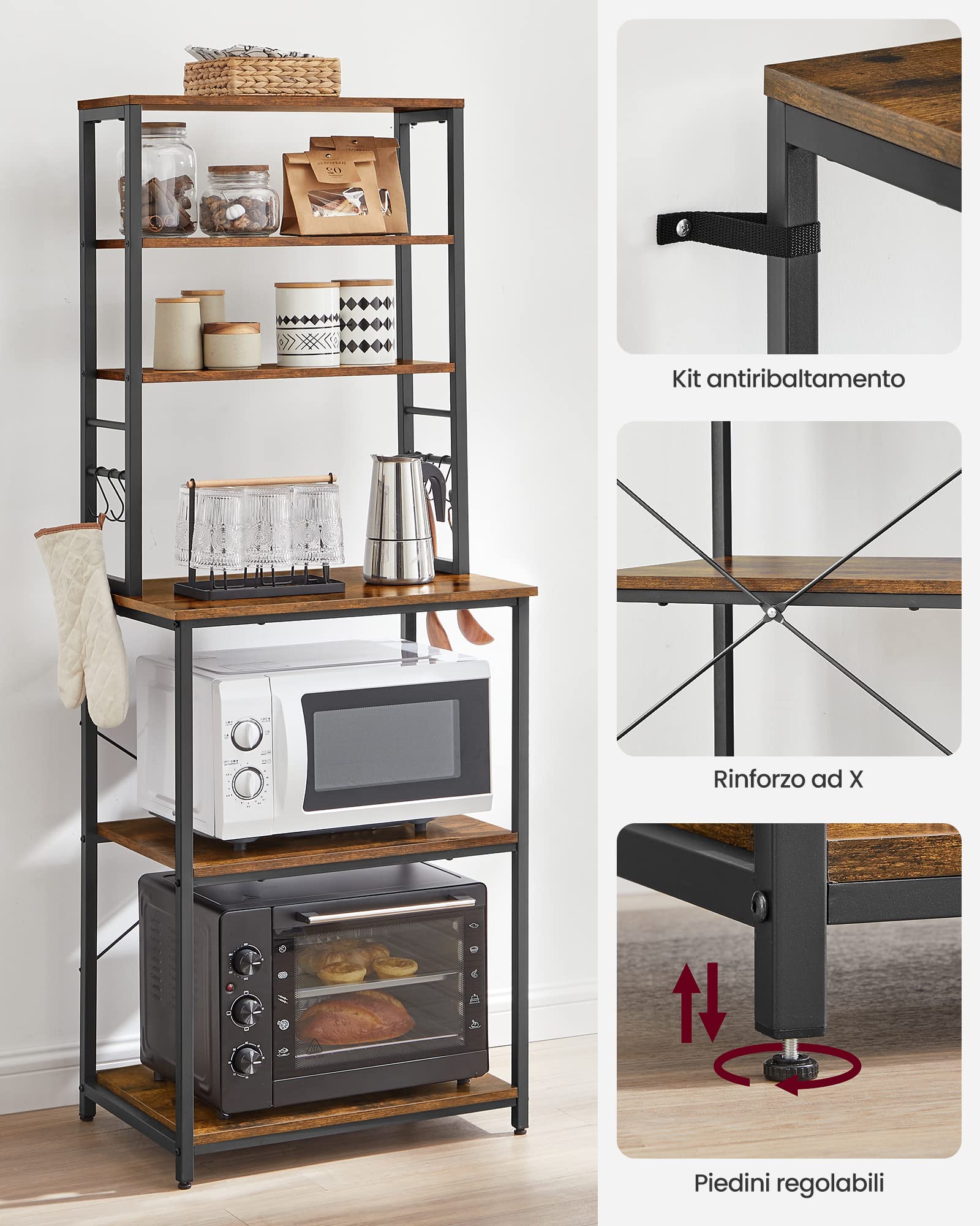VASAGLE Scaffale Cucina, Mobile Cucina, Scaffale per Microonde, 6 Ripiani, 6 Ganci, Struttura in Acciaio, Stile Industriale, 40 x 60 x 167 cm, Marrone Vintage e Nero Inchiostro KKS024B01