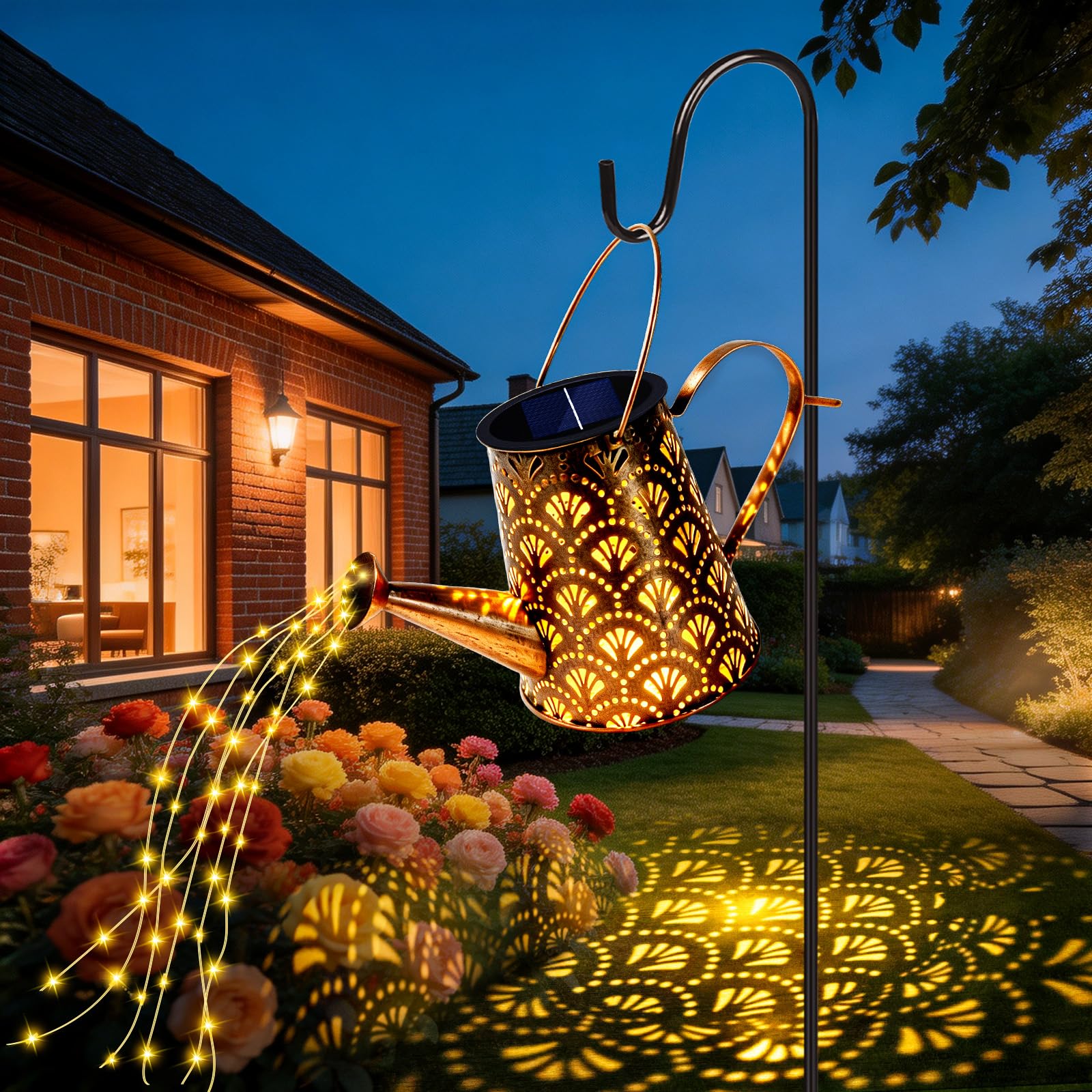 Solar Watering Can Lights with String Lights Outdoor Garden, Hanging Waterproof Garden Light Metal with Bracket, Solar Lantern with 100cm Shepherd Hook for Yard Lawn Pathway Patio Fence Backyard (Fan)