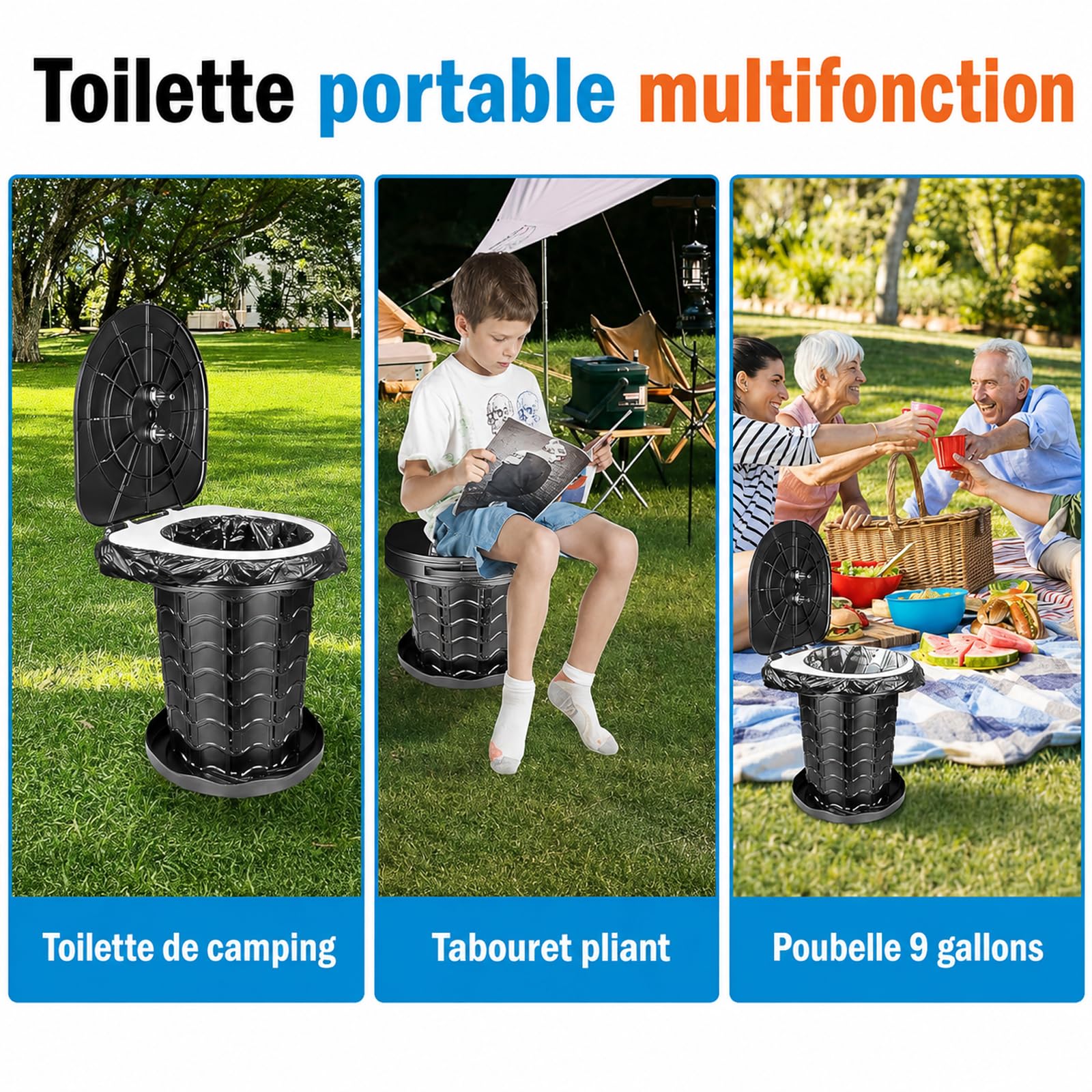 Toilette de Camping Portable Pliable pour Adultes et Enfants, WC Voyage Ajustable en Hauteur avec 20 Sacs et Sac de Transport, Seau de Toilette Compact pour Randonnée, Voiture, Pêche, Camping-car
