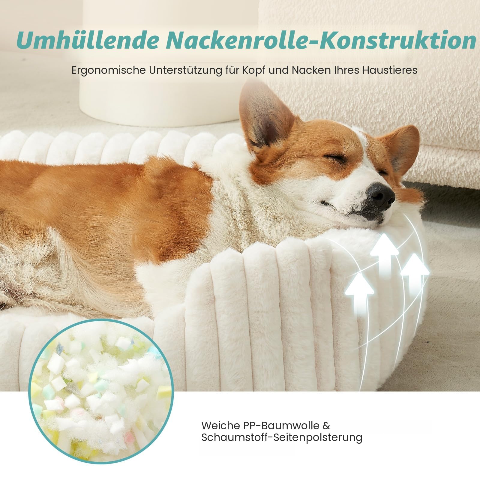 COZY KISS Orthopädisches Waschbares Hundebett, für Katze und Kleiner Hunde, Weicher Kunstfell Hundekorb, Haustiersofa mit Hoher Umrandung, Rutschfestes, 64 x 53 x 15 cm, Beige