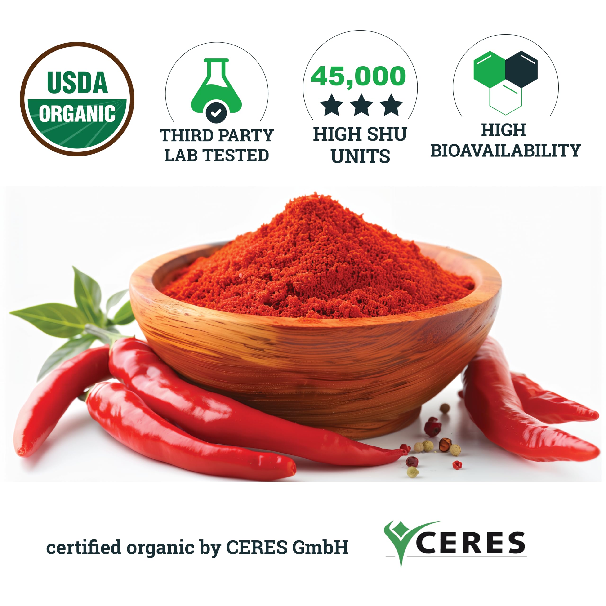 INCAS USDA Organic Cayenne Pepper Capsules, 500mg, 45,000 SHU, 120 Count — Amazon image 5