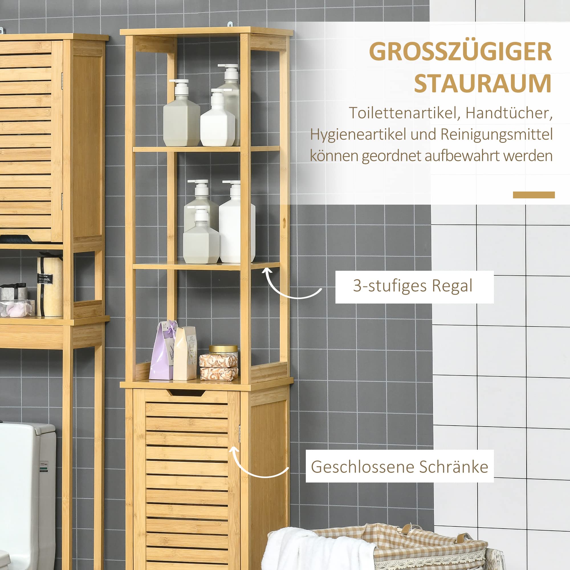 kleankin Badezimmerschrank Badschrank 3 Offene Fächer 34x30x173 cm Natur