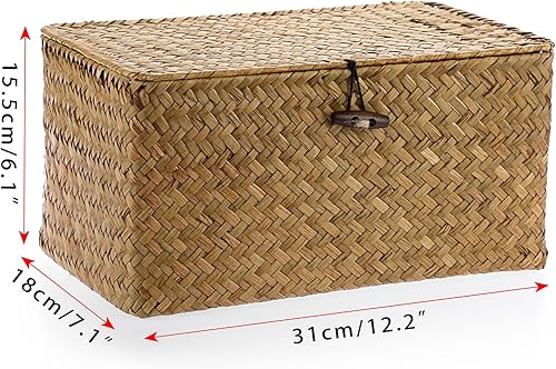 Vista 141 de Hipiwe Cestas de mimbre con tapa, cesta de pastos marinos tejida a mano, cestas rectangulares para el hogar, cajas para estantes, armario, Café