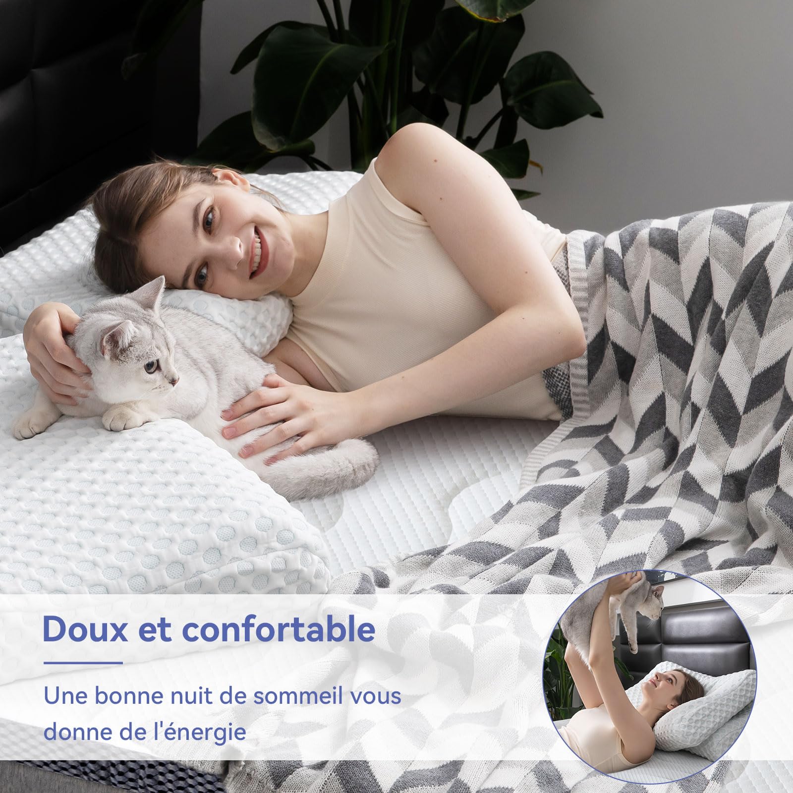 Amazon Basics Surmatelas de Mousse à Mémoire de Forme avec Gel Rafraîchissant Moelleux, 140 x 190 x 7 cm, Blanc