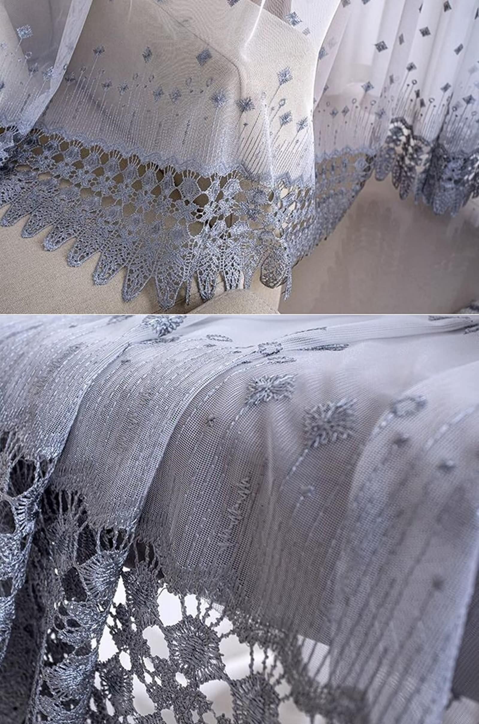 Rideaux Voile Transparent 102x244, Rideau Voilage pour Chambre Polycoton Fil Gris avec Dentelle Brodée, avec Crochet, Lot de 2