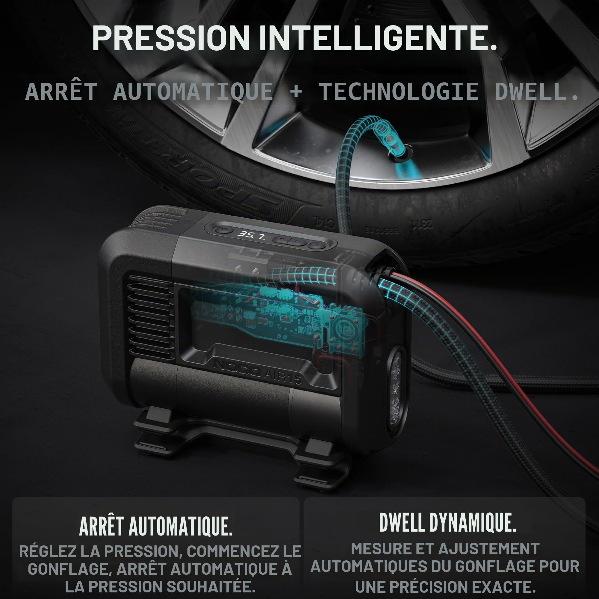 NOCO AIR15: Gonfleur de pneu UltraRapide 15A – Compresseur d’air portable 12V – Débit 44 SLPM – Gonfle de 0 à 40 PSI en 2,9 min – Manomètre numérique + arrêt automatique