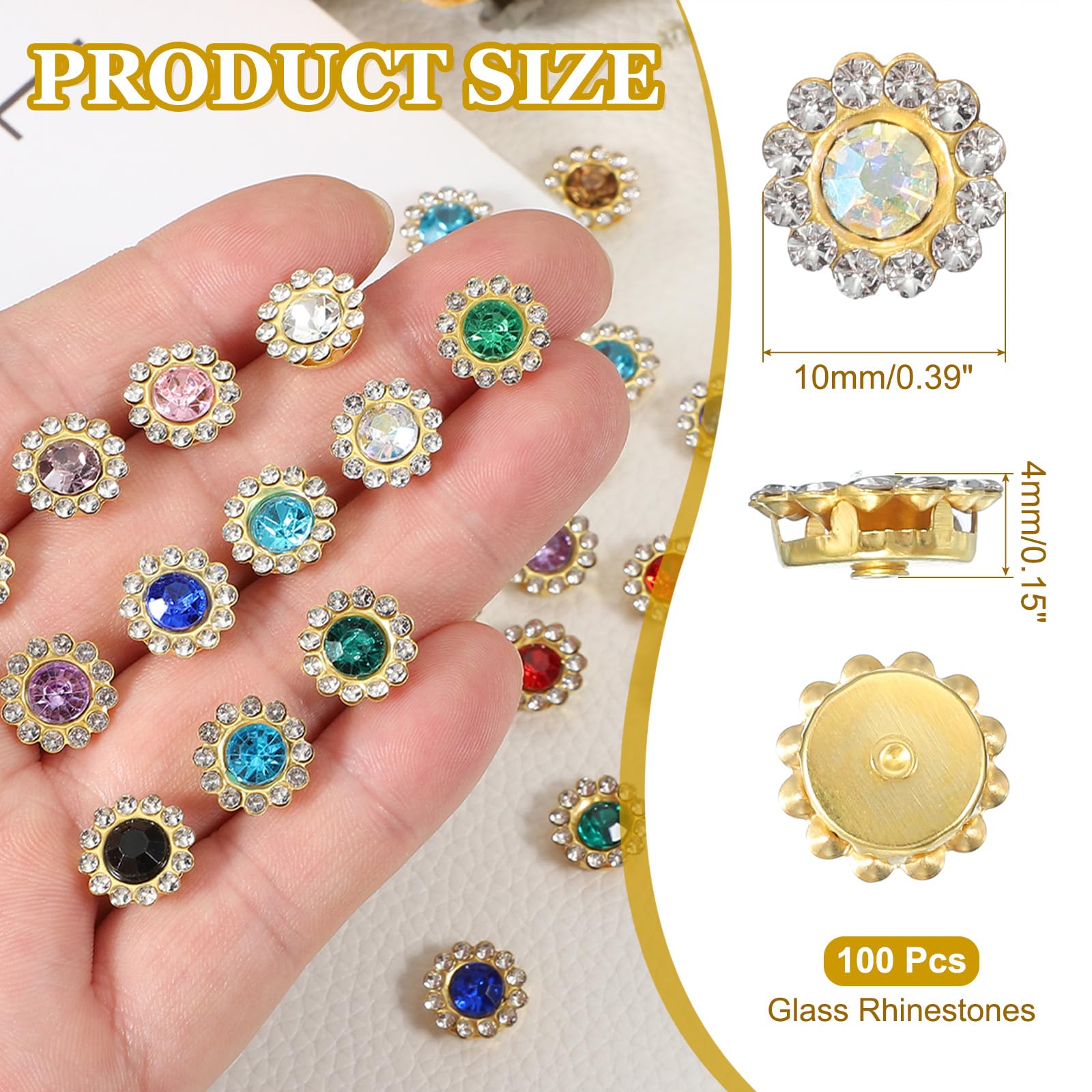 PATIKIL 100 Pcs Sew on Rhinestones Crystals 10mm 2 Layers Sewing Sunflower Flower Claw Rhinestones Crystals Glass Gems Metal Base for Wedding Dress Clothes Crafts Decoration White AB - Image 2