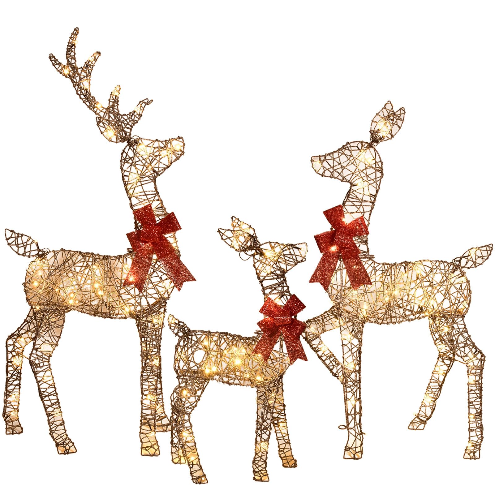 HOYECHI 4ft Christmas Decorations Outdoor Lighted Reindeer – 3-Piece 2D Deer Family Set with 145 Warm White LED Lights for Yard, Lawn, Garden & Porch