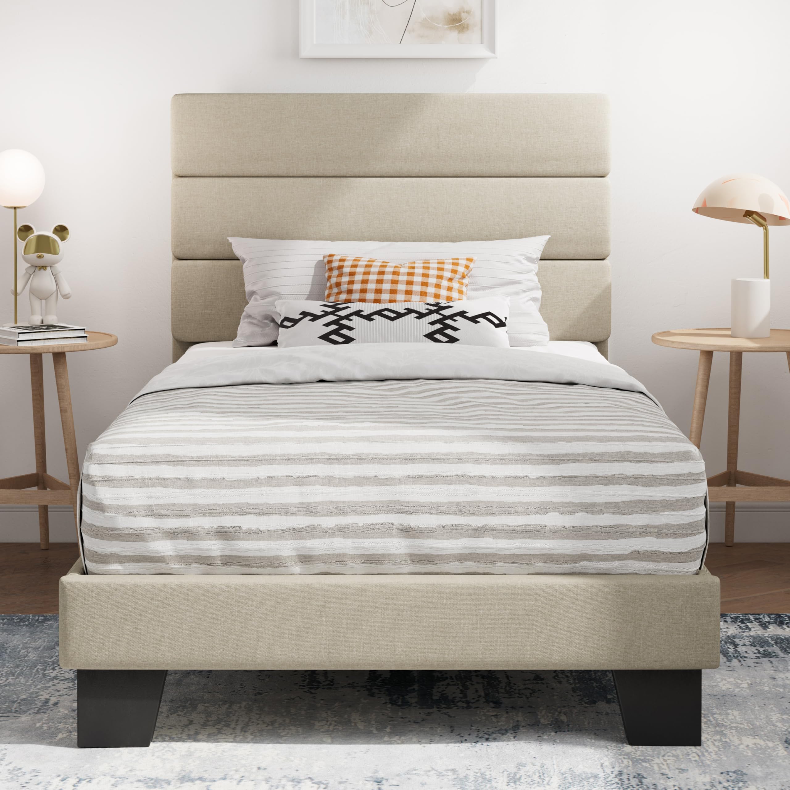 SHA CERLIN Twin Platform Bed Frame with Upholstered Fabric Headboard, Beige