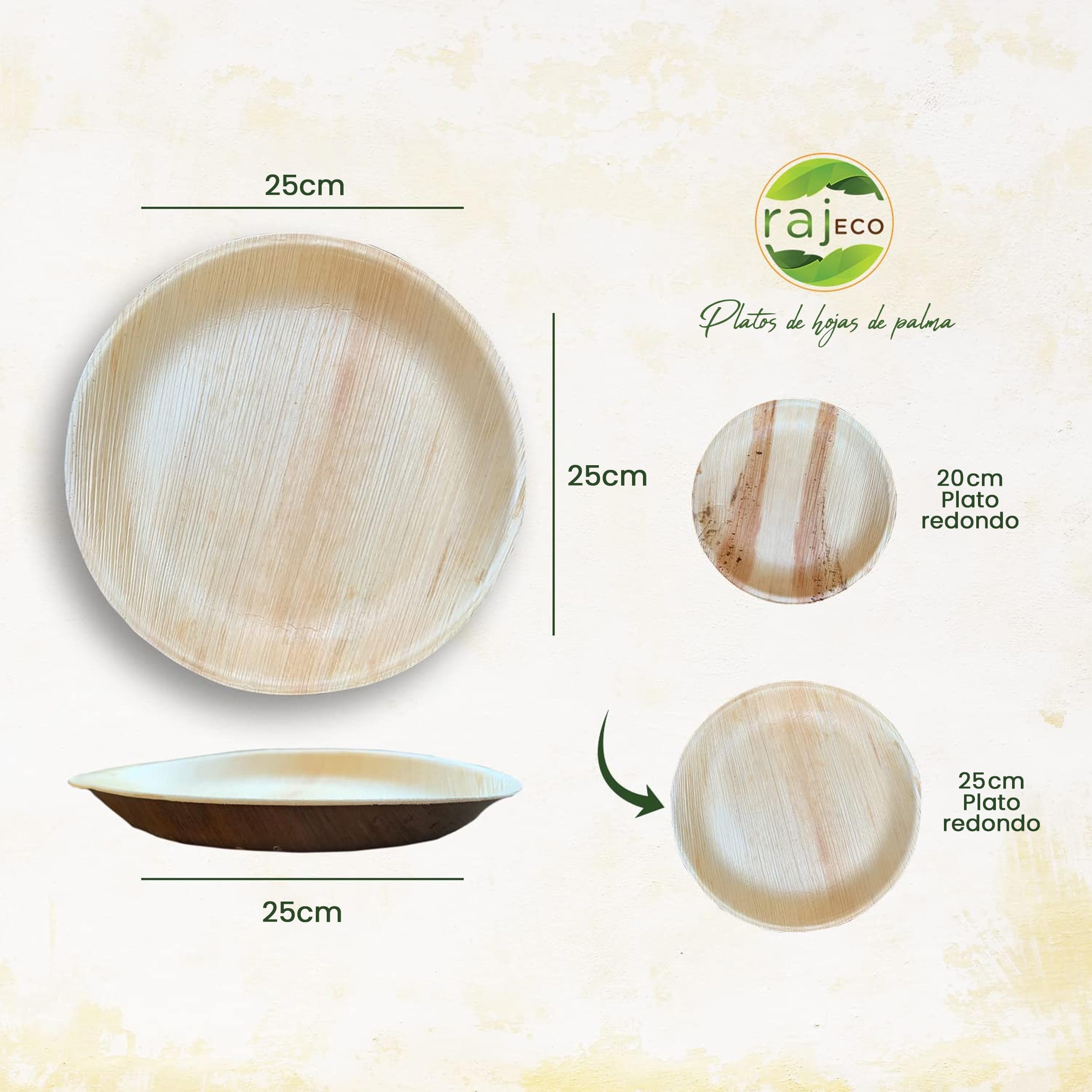 Raj Platos de Hoja de Palma 25 piezas 25 cm redondos | Desechables, resistentes y compostables - Vajilla decorativa para bodas, cumpleaños, camping, BBQ y picnic