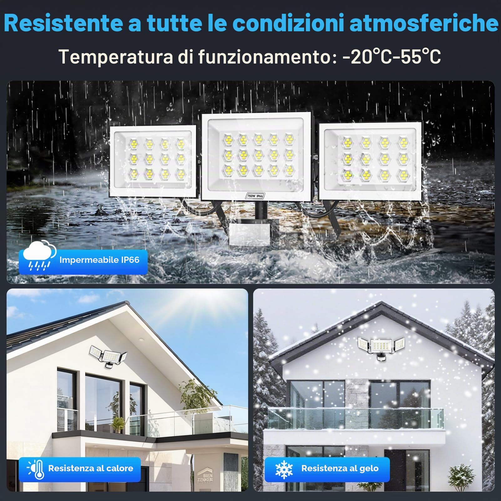 Faretto LED da Esterno con Sensore di Eovimento, 150W 15000LM Faretto 6500K Bianca Fredda, 3 Teste Lampada, Rotazione Orizzontale di 90°, Faro LED Esterno IP66 Impermeabile, per Patio Garage