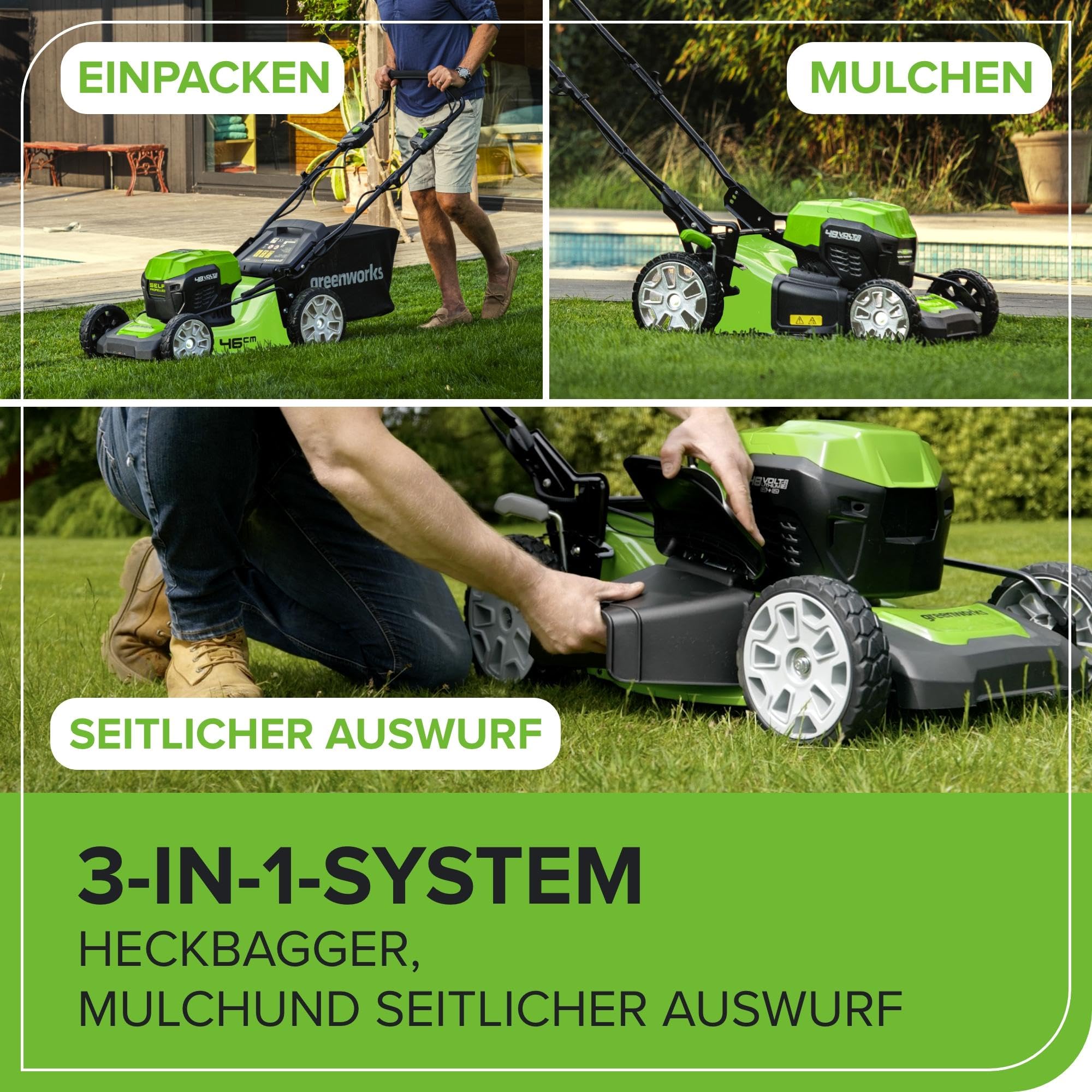 Greenworks Selbstfahrender Akku Rasenmäher 48V (24V x 2) bis zu 480m², 46cm Schnittbreite, 55L Sack Rasenmäher Elektro Plus Zwei 4Ah-Akkus und Doppelladegerät,3 Jahre Garantie,GD24X2LM46SPK4X