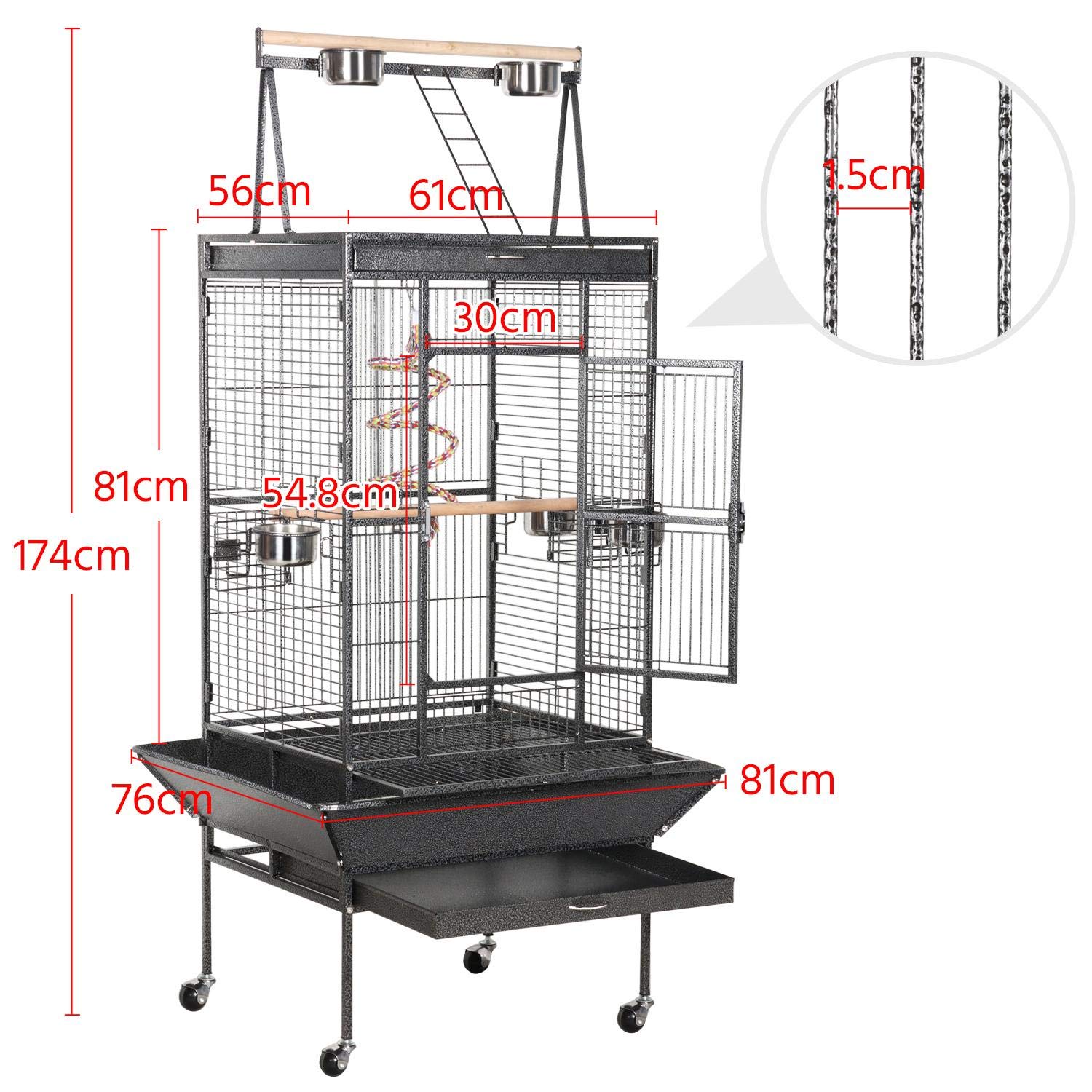 Yaheetech Vogelkooi vogelvolière met deur en wieltjes, vogelhuisje voor nimphensittiken, papegaaien wit