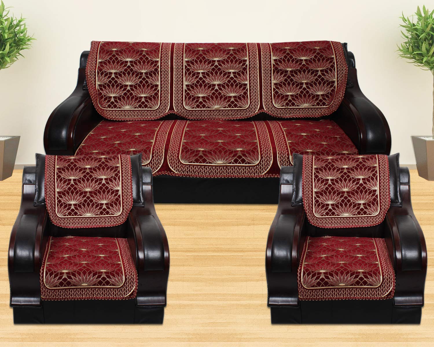 KINGLY Lotus Flower Velvet Sofa and Chair Covers Set of 5 Seater 06 Piece Set (3+1+1) (Maroon, Red)