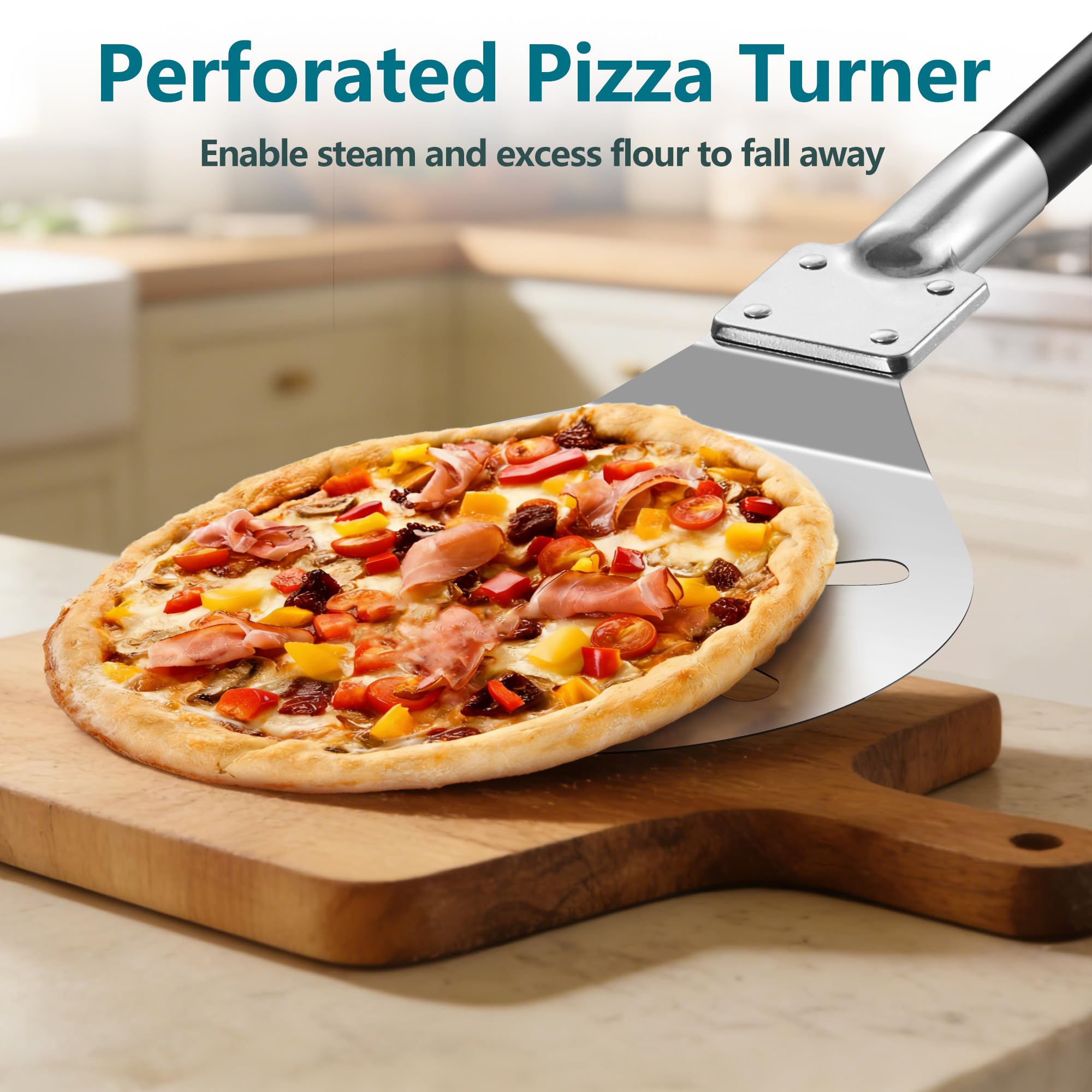 Herogo Pala rotante per pizza, spatola perforata in acciaio inox da 17,8 cm, accessori in metallo con manico staccabile, superficie liscia e adatta al forno