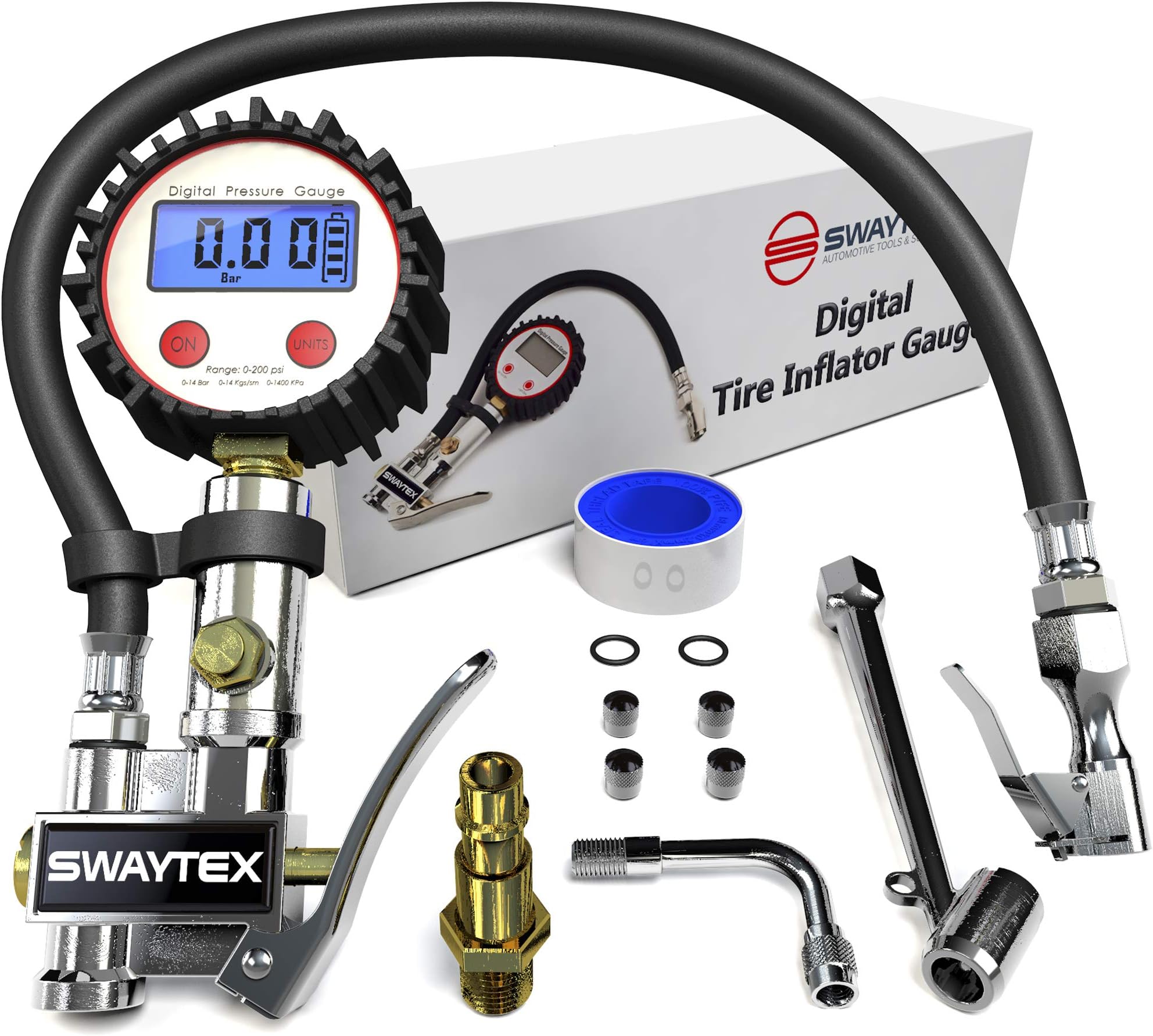 Digital Tire Inflator Gauge - Air Compressor Dial Tire Inflation Gun Attachment Hose with Pressure Gauge - 200 PSI Pneumatic Tire Inflator/Deflator with Air Chuck and ¼” NPT Quick Connect