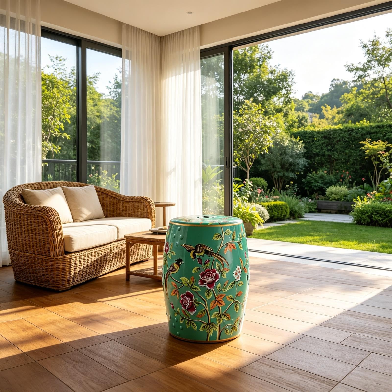 Ceramiczny Stołek Ogrodowy, Stołek Perkusyjny Z Motywem Kwiatowego Ptaka Chinoiserie, Stolik Boczny Z Akcentem Na Patio Na Zewnątrz, Do Salonu, Ogrodu, Balkonu(Green)