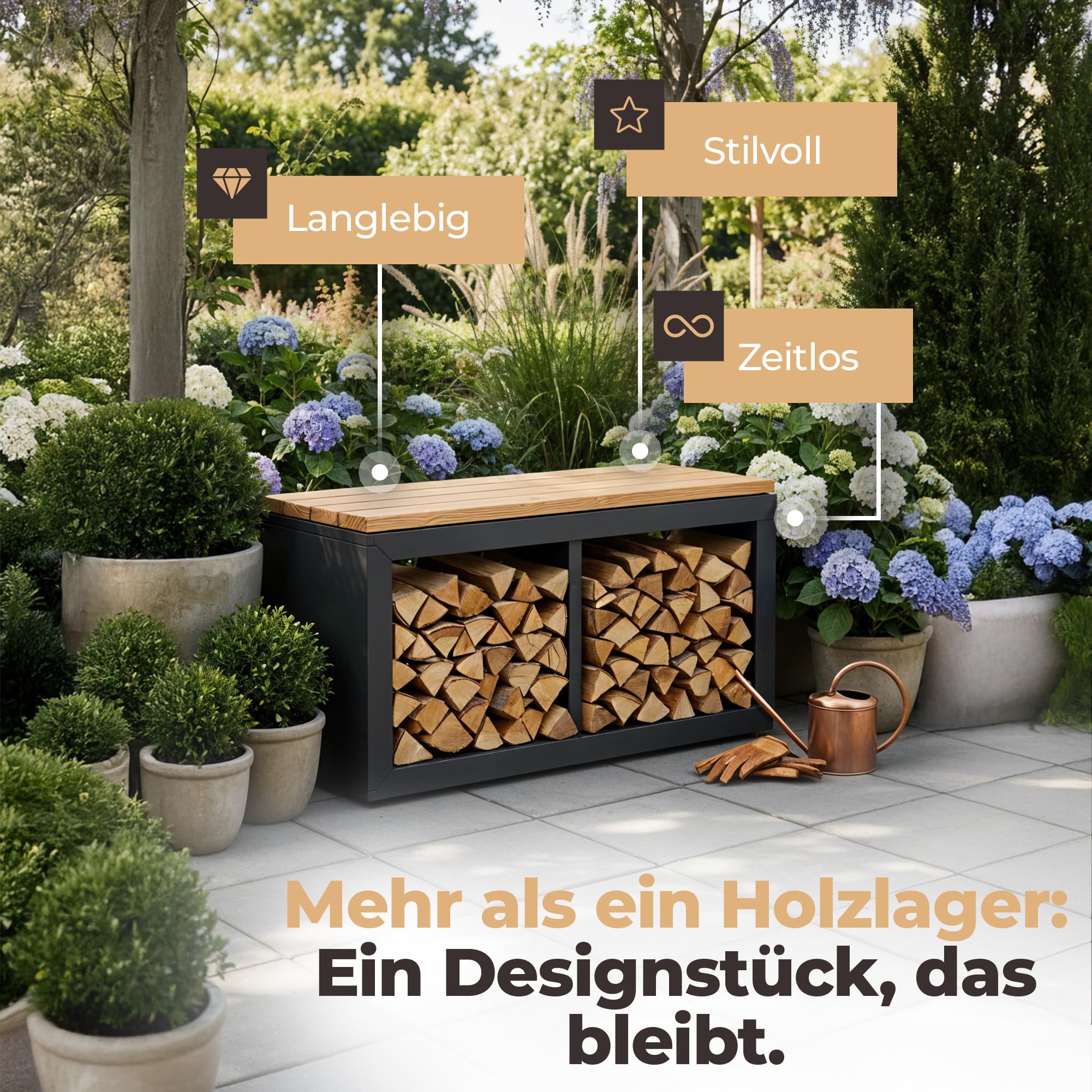 Holzlager Bank - Sitzbank mit Stauraum, feuerverzinktes, pulverbeschichtetes Stahlblech | Douglasie-Sitzfläche | Wetterfeste, Moderne Sitztruhe | Storage Bench | Made in Germany (90 x 50 cm)
