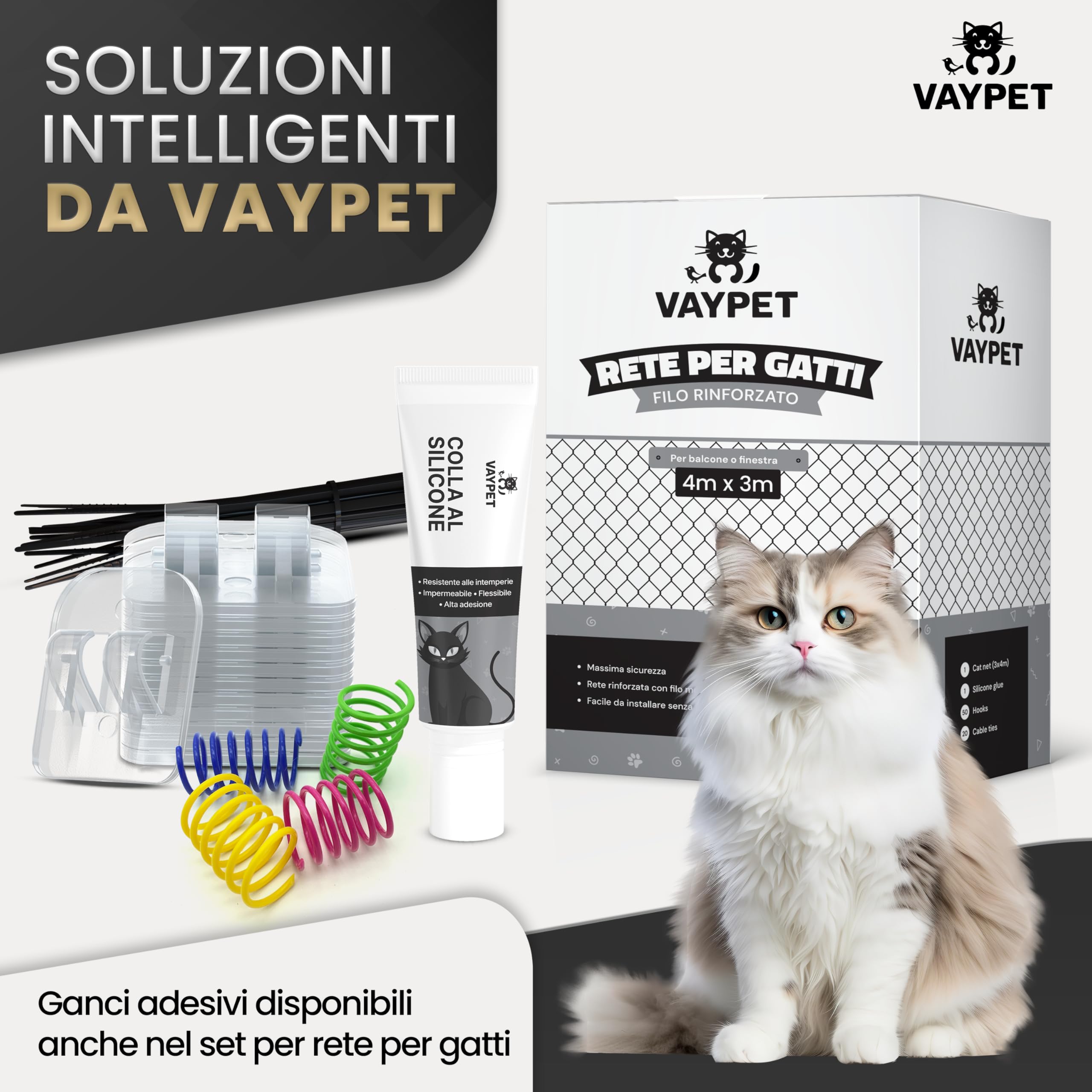 VAYPET® 50 Ganci Adesivi per Rete Gatti e Colla siliconica [30ml] - Fissaggio Rete Protezione Gatti Balcone e Finestra Senza Fori | Ferma Rete e aggancio rapido | Ideale per Esterno e Cemento
