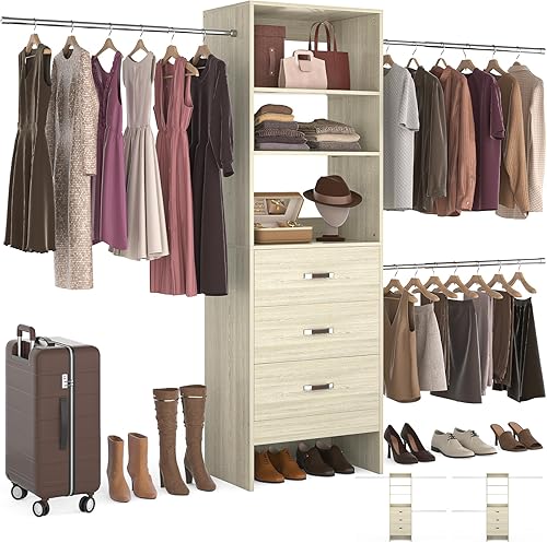 Homieasy Sistema organizador de armario de 96 pulgadas, organizador de armario personalizable de 8 pies con varillas para colgar, 3 cajones con
