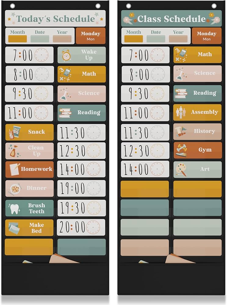 amazon-com-the-ultimate-pocket-chart-for-classroom-beautiful-daily-schedule-calendar-with-designed-cards-encourages-visual-learning-for-kids-fun-boho-routine-calendar-chart-fits-nicely-with-any-school-decor