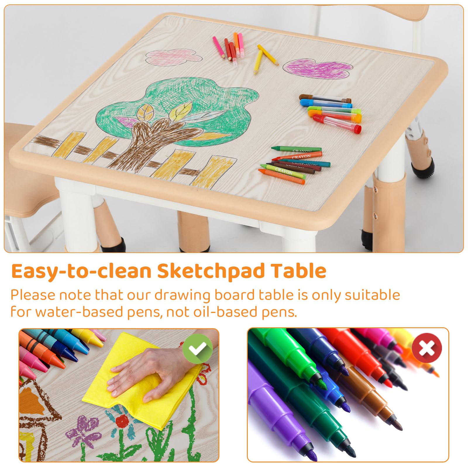 Kindertisch mit 2 Stühlen, Kindersitzgruppe Höhenverstellbar Packung, Tisch Stuhl Set für Kinderzimmer, Plastik Kindermöbel, Maltisch Sitzgruppe für Mädchen ab 3 Jahre（Gelb, Quadratischen Tisch）