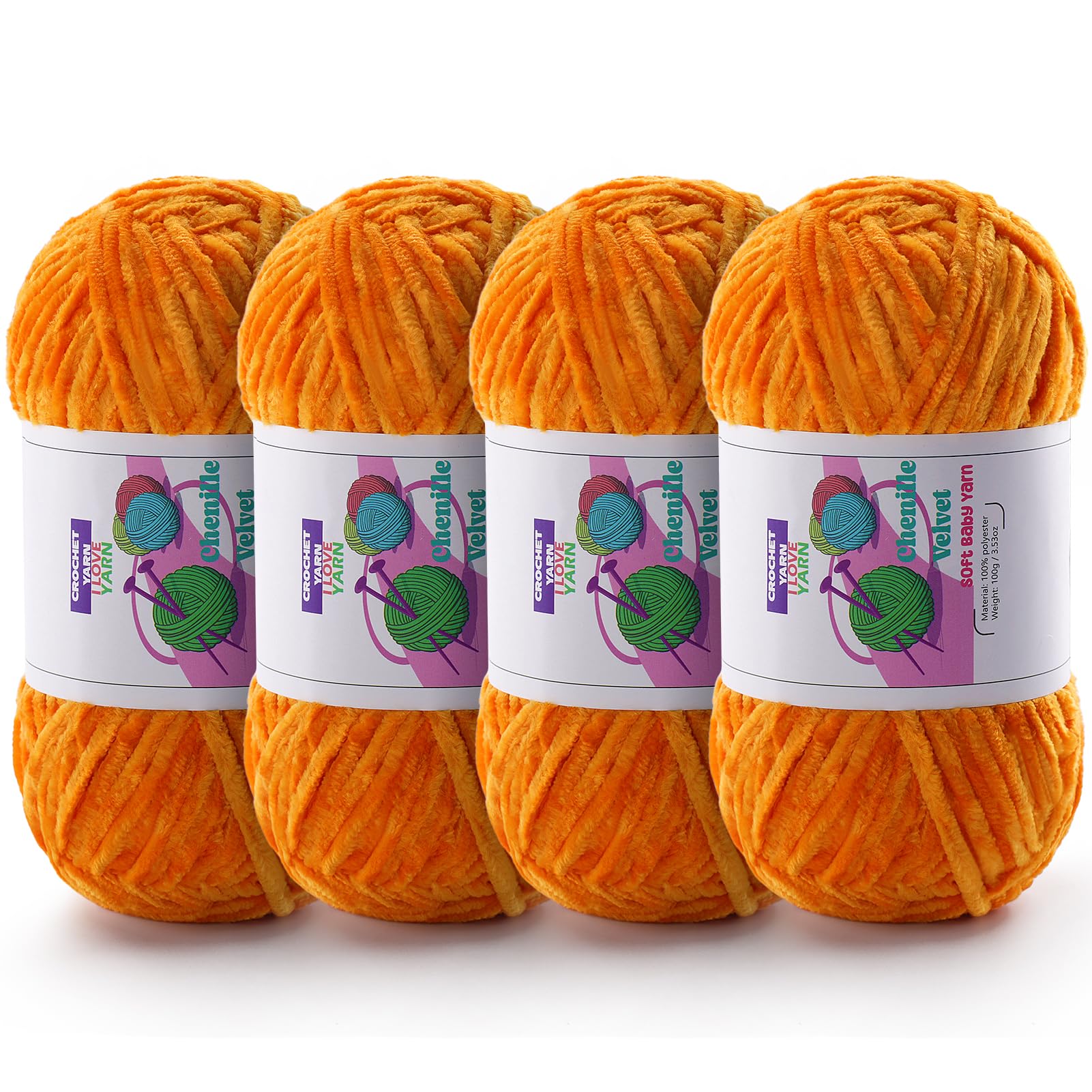 Chenille Velvet Yarn for Crocheting, Orange Fuzzy Fluffy Yarn for Crochet