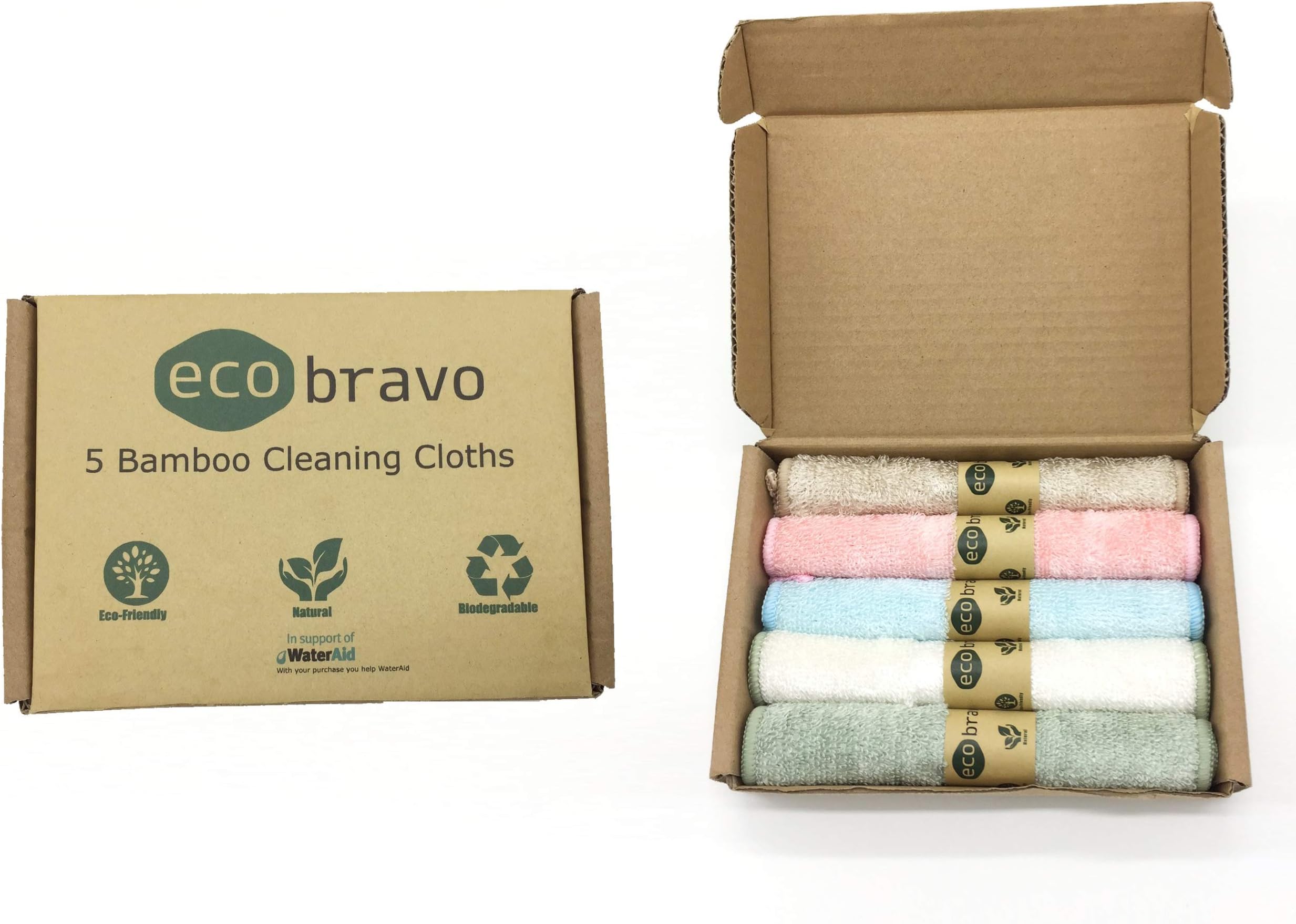 Eco Bravo Reusable Bamboo Fibre Kitchen Cleaning Cloth (5 Pack) | Bamboo Washcloth, Dish Towels | 100% Natural & Organic, Lint Free, Antibacterial Cloths, Plastic Free Packaging