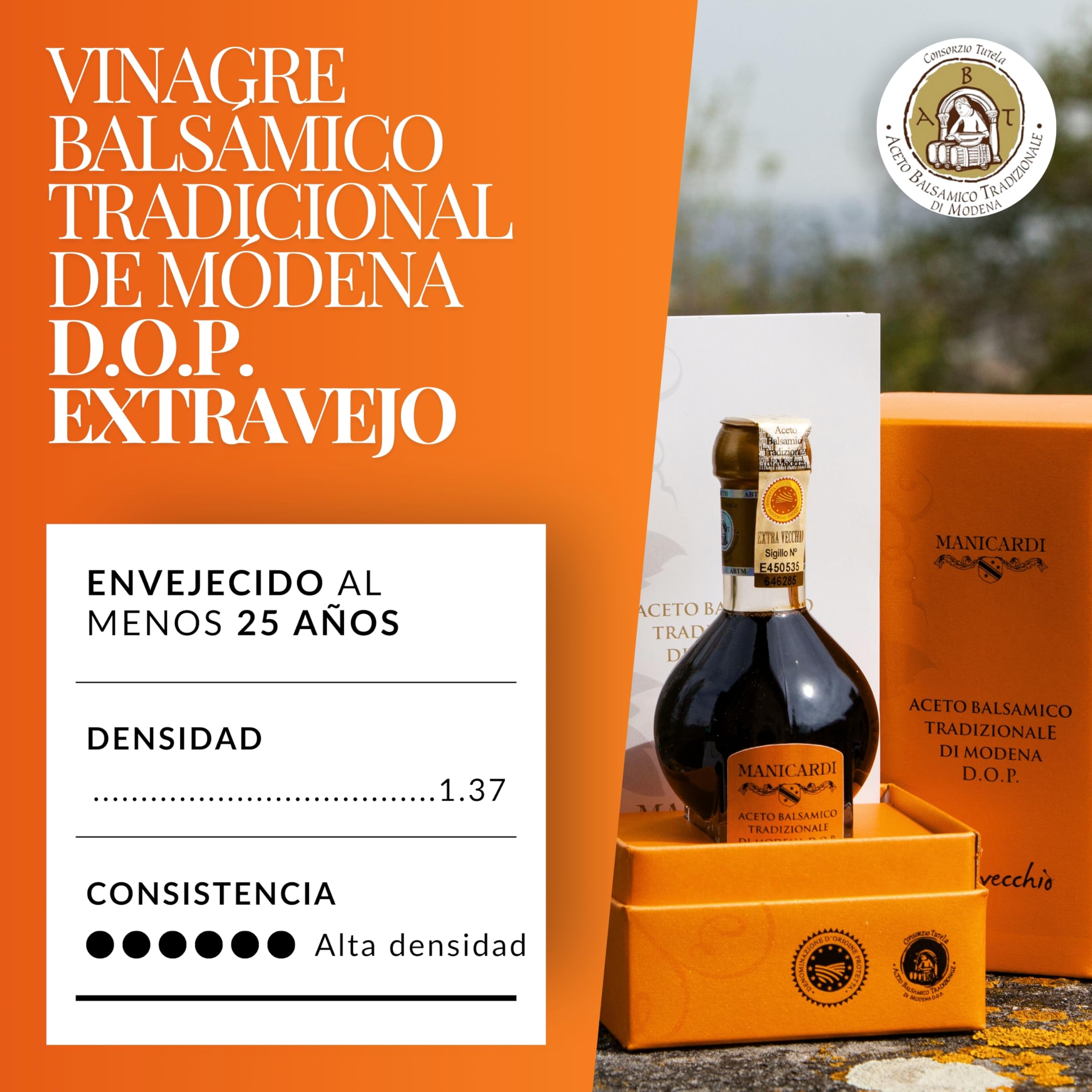 MANICARDI Vinagre Balsámico Tradicional de Módena DOP Extravejo – Envejecido 25 Años, Perfecto para Snacks, Pasta, Verduras, Aderezos para Ensalada y Carne – Producto en Italia, 100 ml