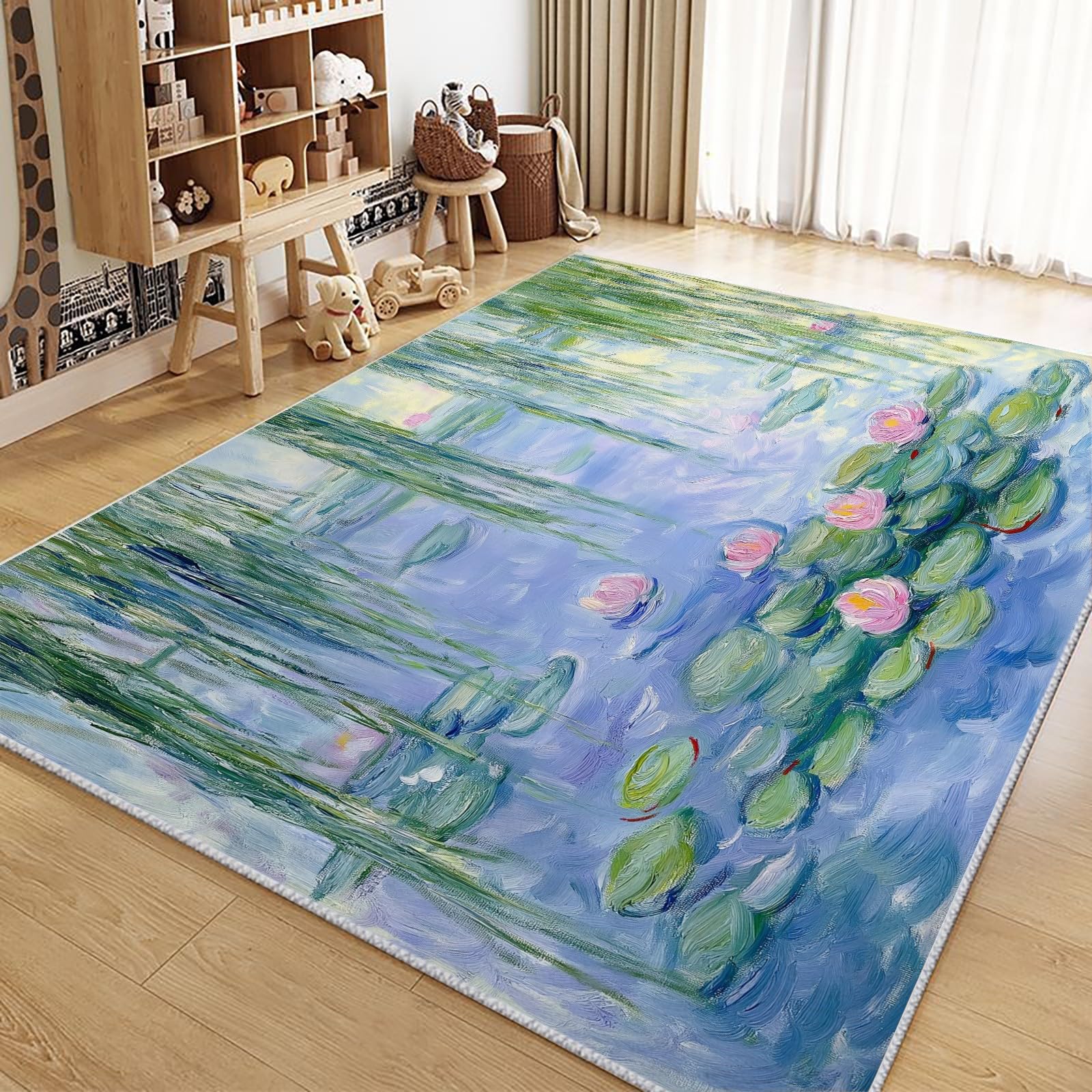 Tappeto verde con ninfee e laghetto, 160 x 230 cm, a pelo corto, moderno, per soggiorno e camera da letto, con retro antiscivolo, lavabile in lavatrice