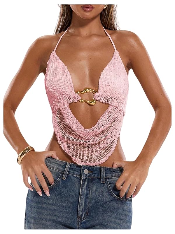SHENHE Women's Sexy Halter Deep V Neck Open Back Going Out Rave Top Pink by SHENHE - Used condition - US$17.82