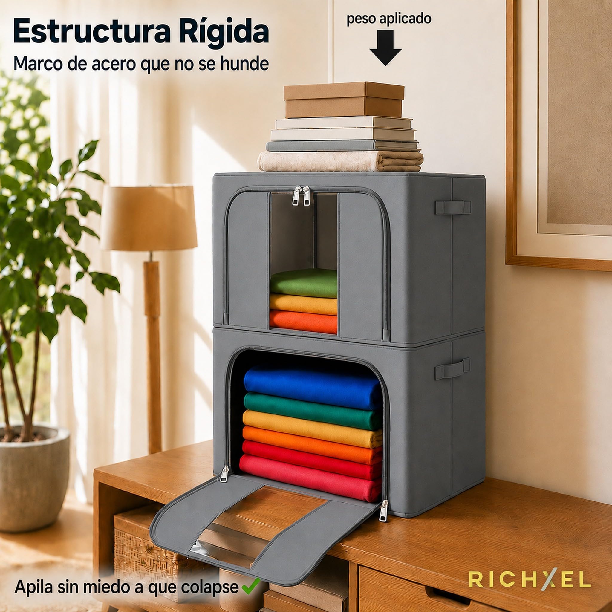 Cajas Almacenaje Ropa GRANDES Pack 2 · 66L (132L total) — Armario, Marco Metálico Rígido y Apilable, Plegable, Tela Oxford con Cremallera y Ventana Transparente Quitapelusas Incluido
