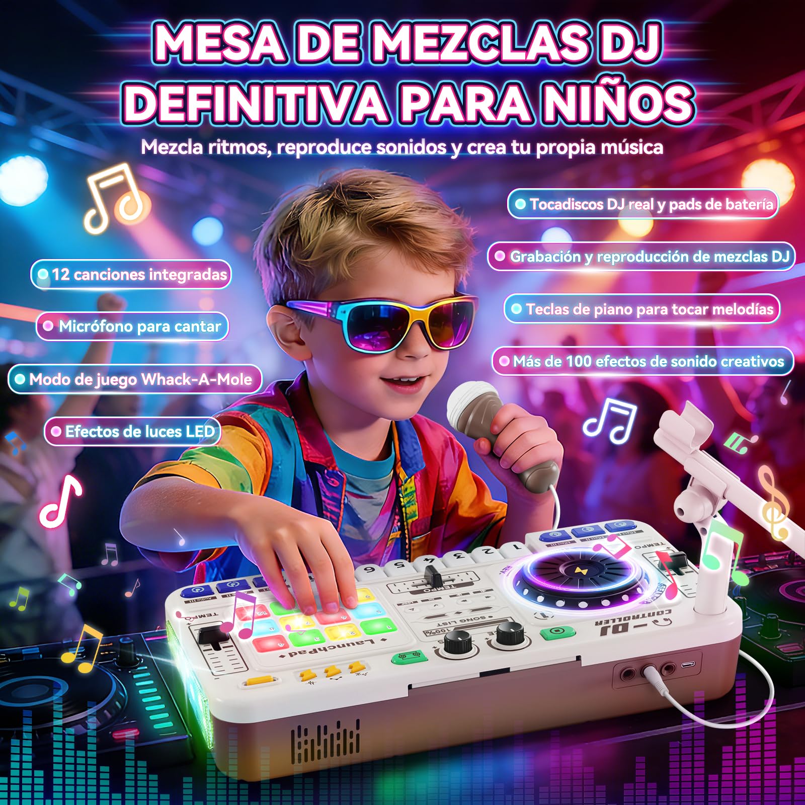 Mesa de mezclas DJ para niños, controlador DJ, mesa DJ, DJ mixer con función de grabación, 100+ efectos de sonido, plato DJ realista y pads de batería, regalo para niños y niñas 3-11 años, Blanco