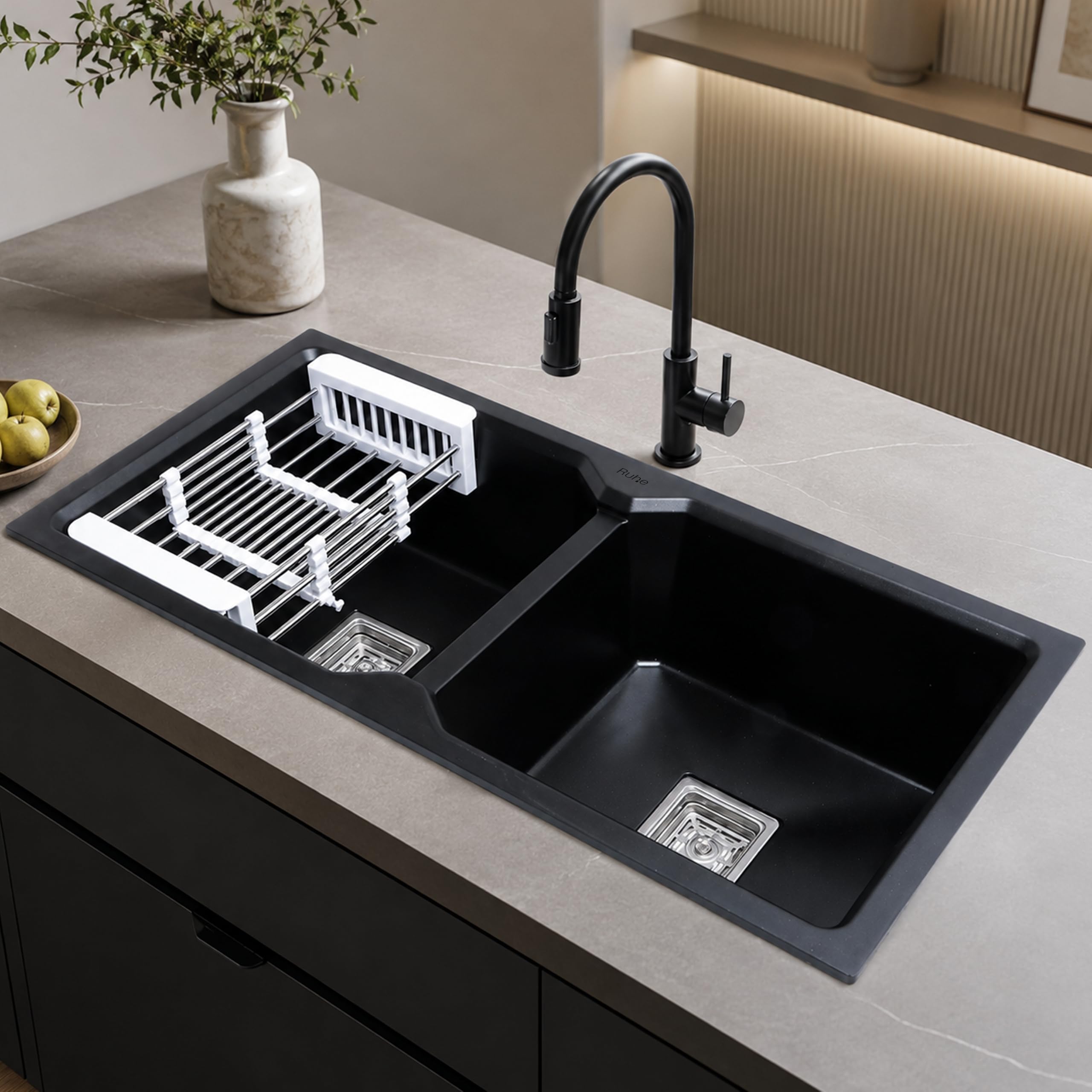 Ruhe® Matte Black Quartz Double Bowl Kitchen Sink - 37x18x9 inches | Durable & Scratch-Resistant Kitchen Sink | Granite Sink with Couplings, Waste Pipe, Sink Connector & Vegetable Washing Basket-image-38