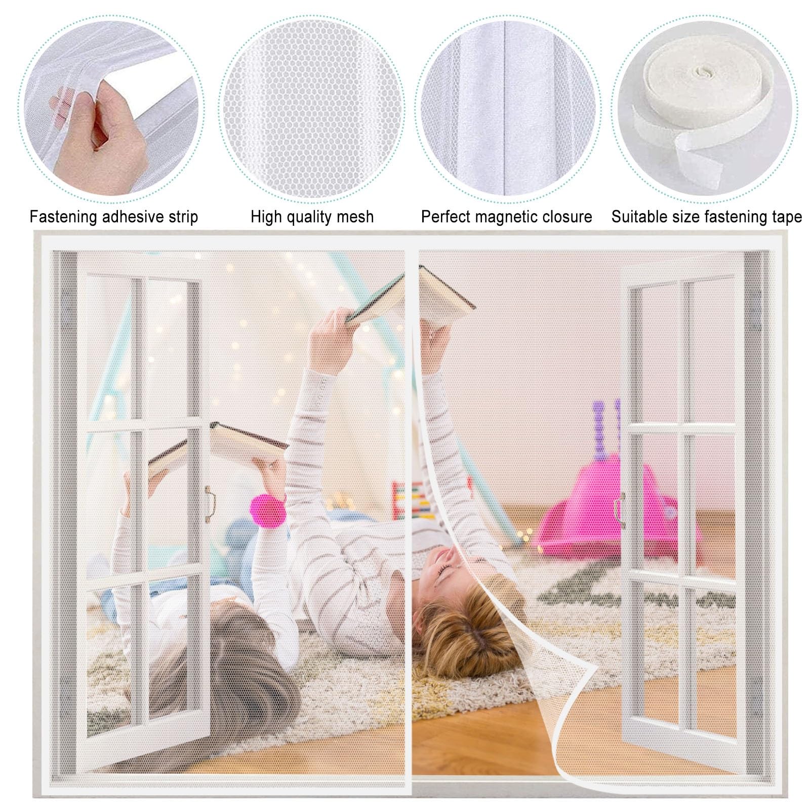 Fliegengitternetze für Fenster 150 x 160 cm Ohne Bohren für Insektenschutz Anti-Moskito Magnet Vorhang Insektenschutz für Balkontür, Kellertür Und Terrassentür, Weiß