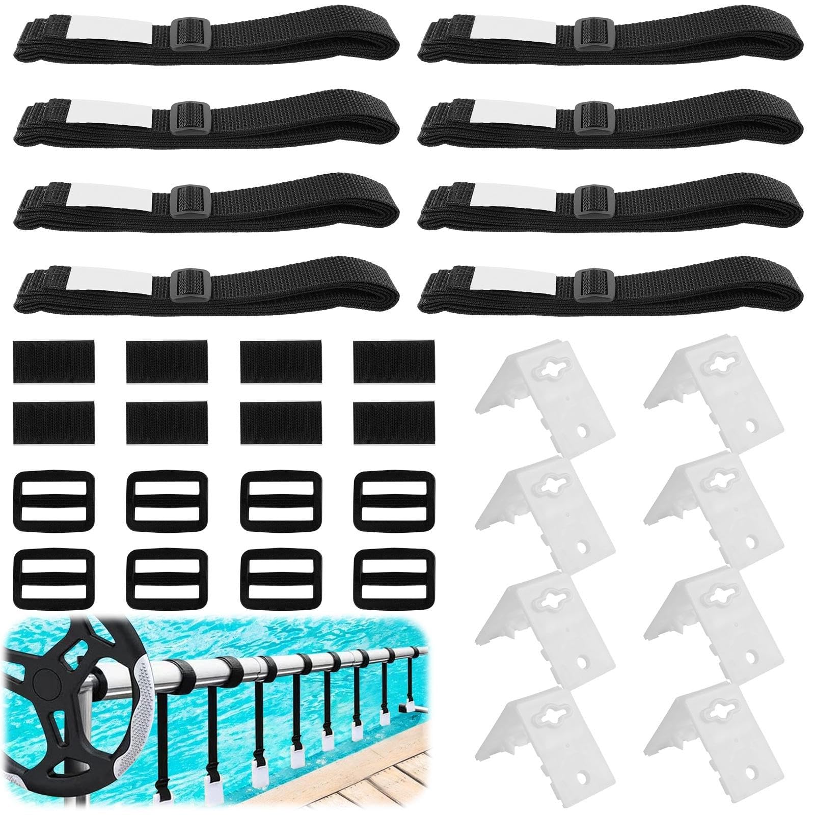 GOMETY 8 bandas de sujeción y grapas, enrollador de piscina, enrollador móvil, lámina solar, accesorios para sistema de enrollado móvil para lonas/cubiertas de piscina (8, negro)