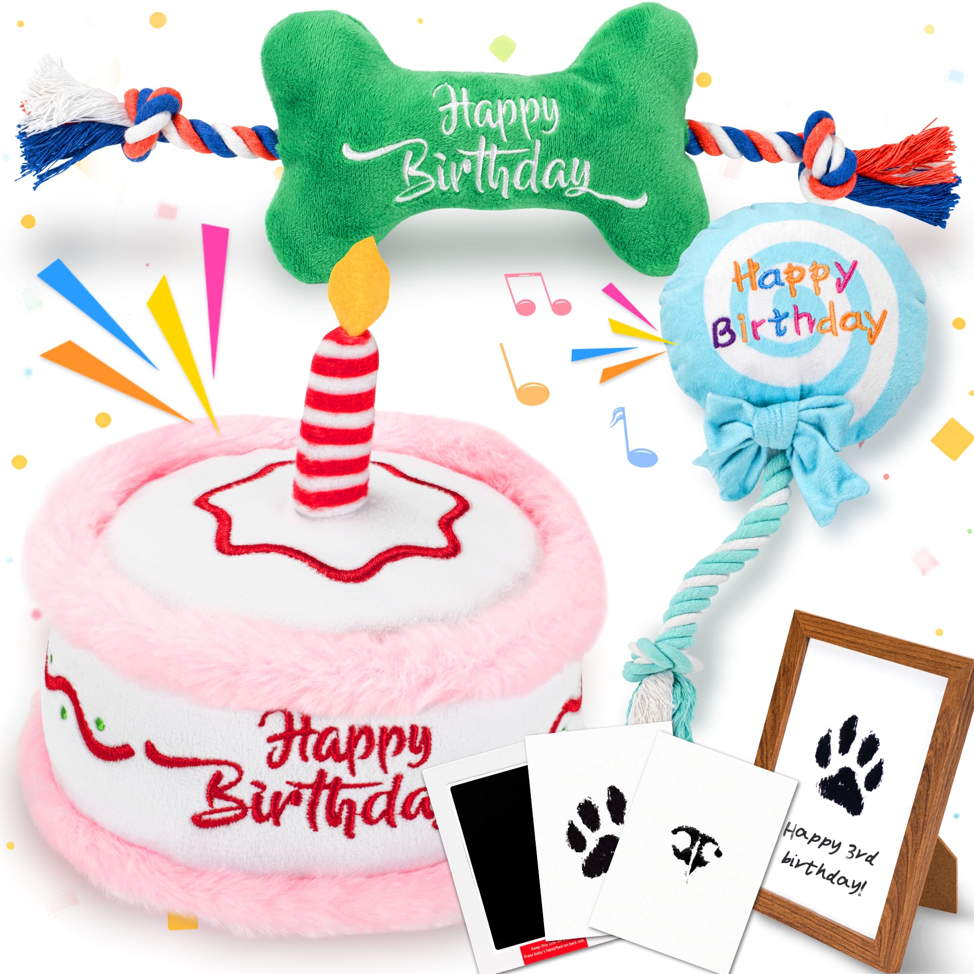 LECHONG 7Pcs Dog Birthday Toys Gifts No-Mess Paw Print Keepsake Kit with Squeaky Dog Cake Toy Plush Crinkle