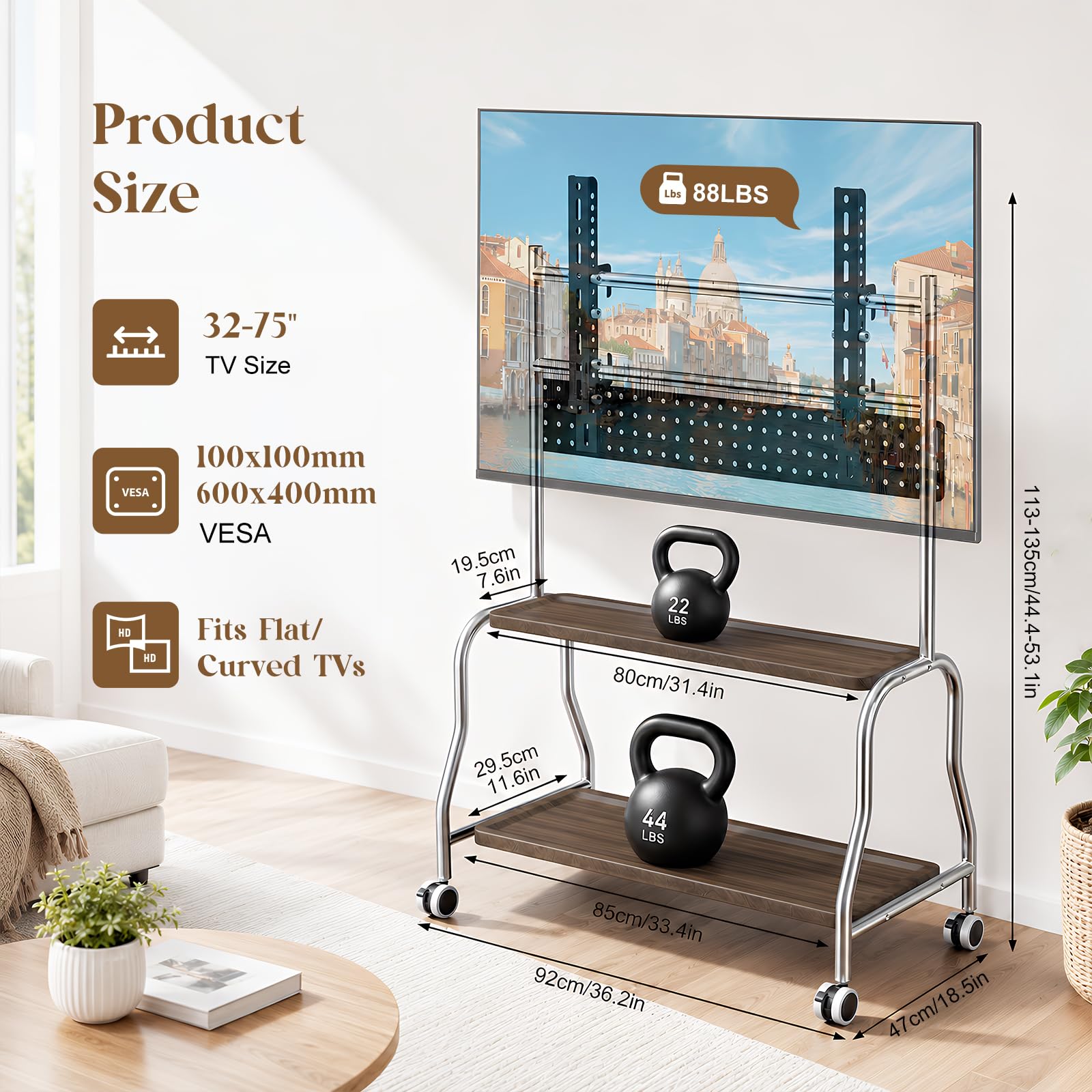 Carrello TV mobile 32‑75" per TV piatte e curve