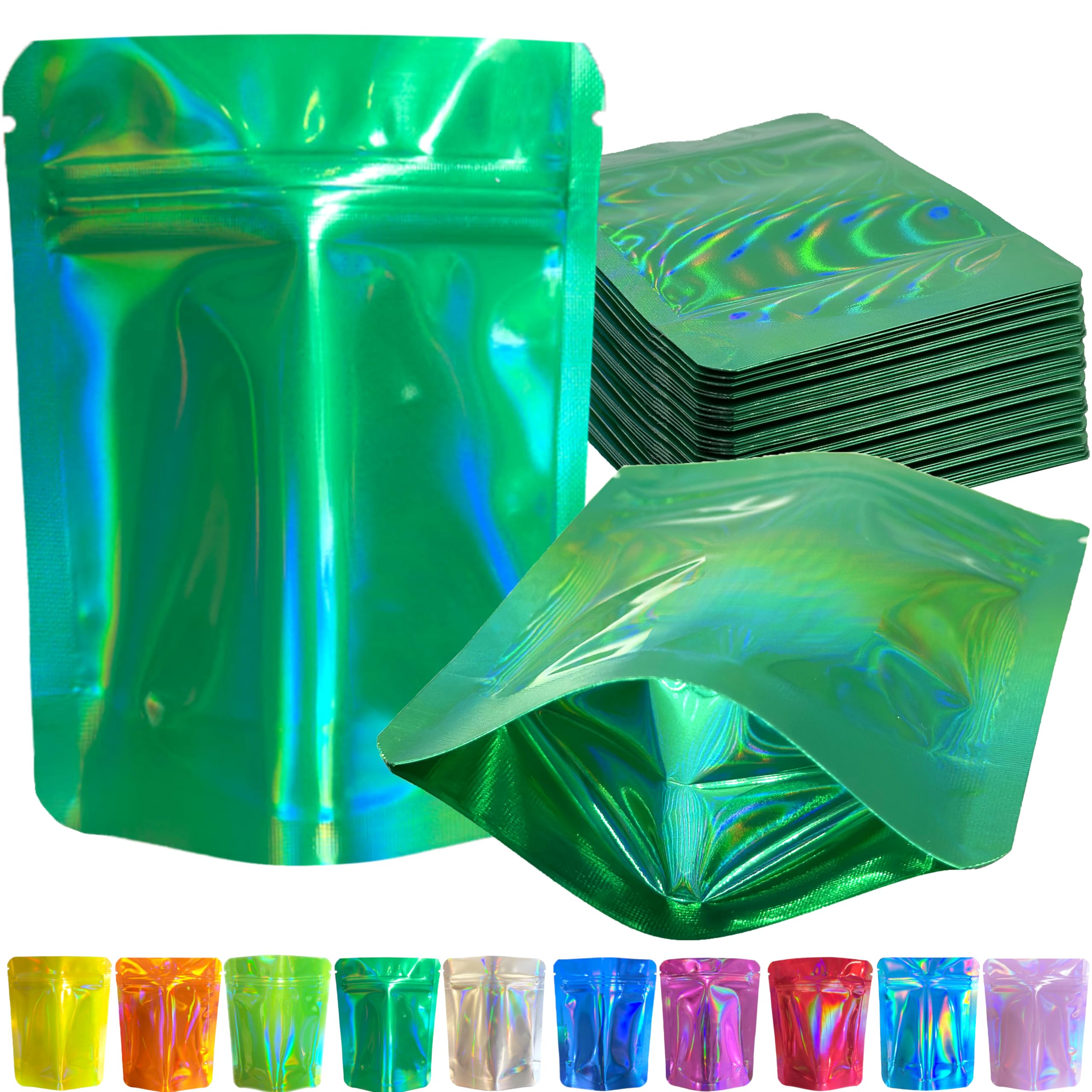 YINGZON 100 Pack Premium Smell Proof Mylar Bags, Resealable Food Storage Bags with Double-sided Holographic Printing, 4.7" x 3.5" Aluminum Foil