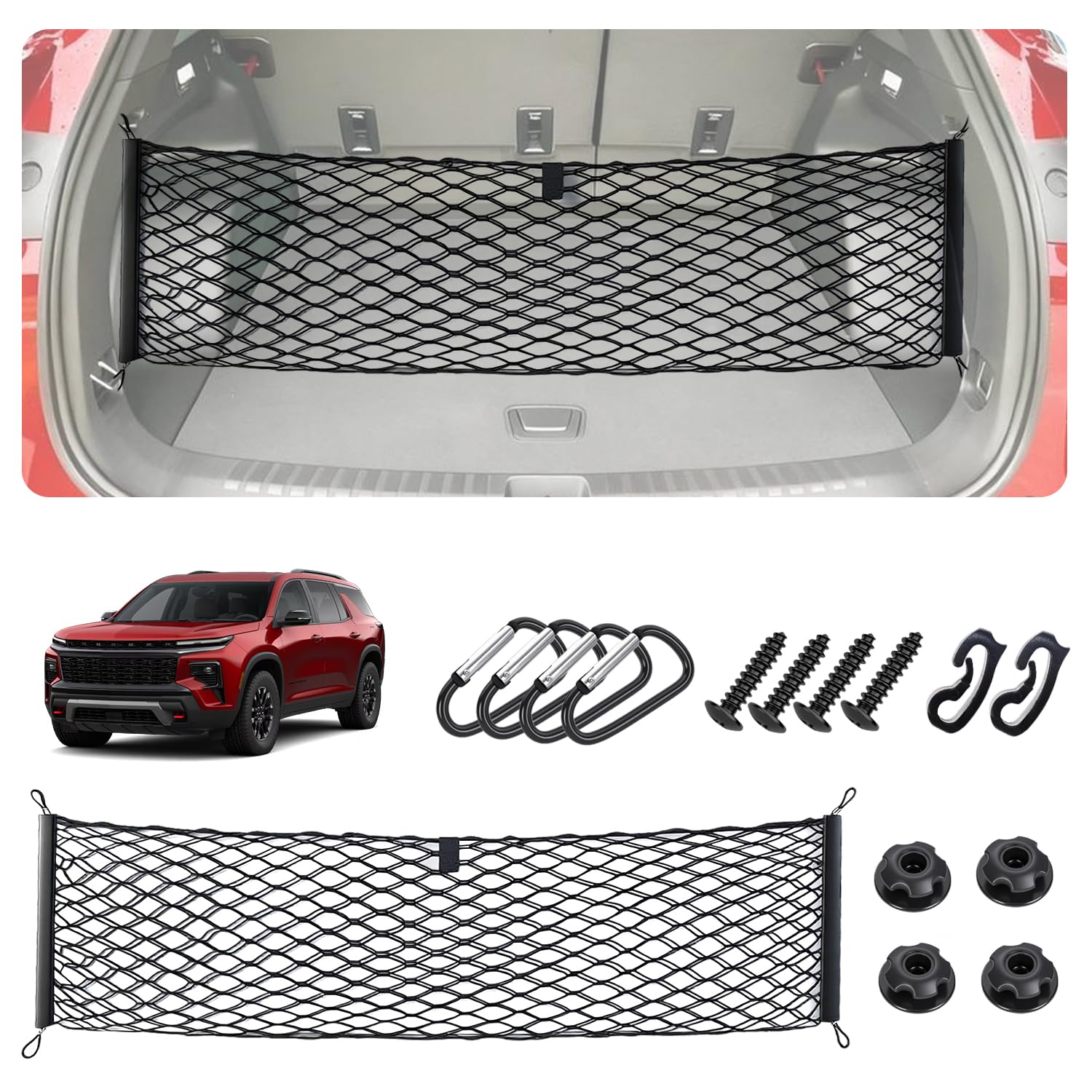 Envelope Style Cargo Net for 2018-2025 2026 Chevy Traverse Accessories, Rear Trunk SUV Mesh Cargo Net, Upgraded 5mm Bungee &amp; Double-Layer Nylon Storage Tailgate Netting Grocery&amp;Tools Holder Organizer