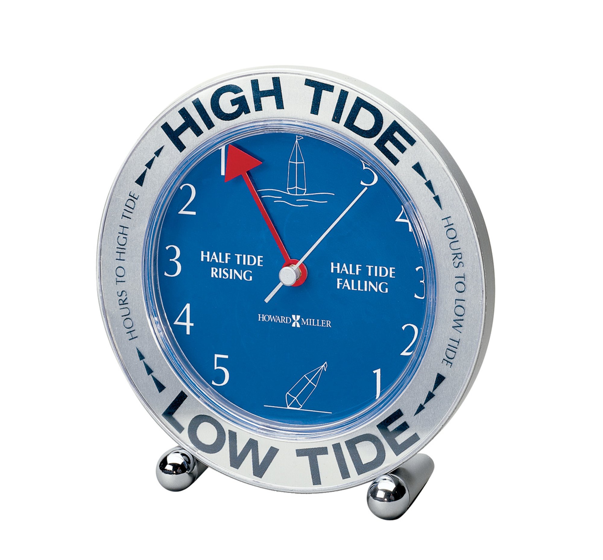 Howard Miller Tide Mate III Tabletop Clock - Battery Operated Analog Desk Clock with Tide Indicator, Quartz Movement, Silver-Tone Case, Decorative Tabletop Timepiece for Home, Office, Shelf, or Boat